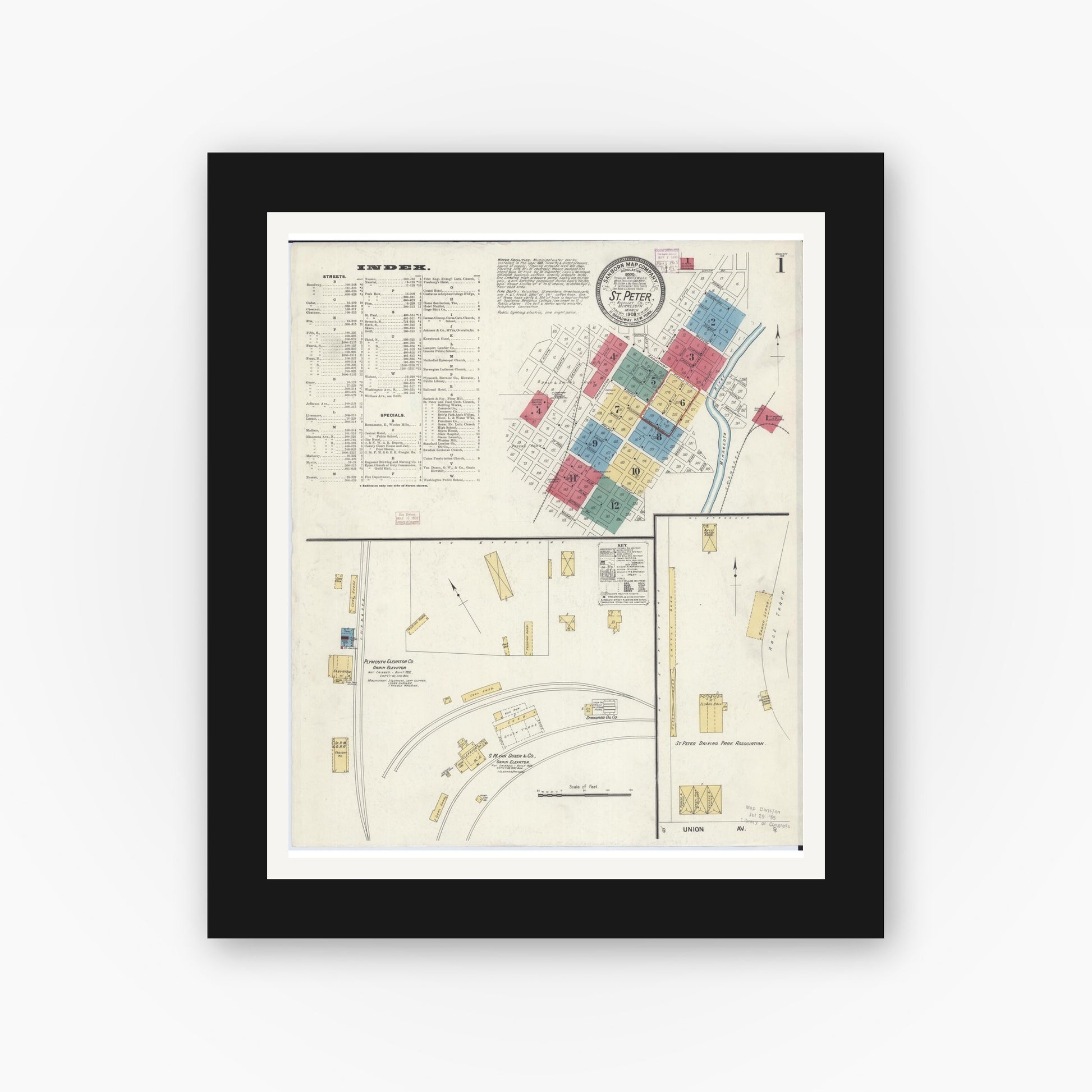 Old map wall art mockup — black gallery frame with white mat — Sanborn Fire Insurance Map from Saint Peter, Nicollet County, Minnesota (1908) - Complete Map Set
