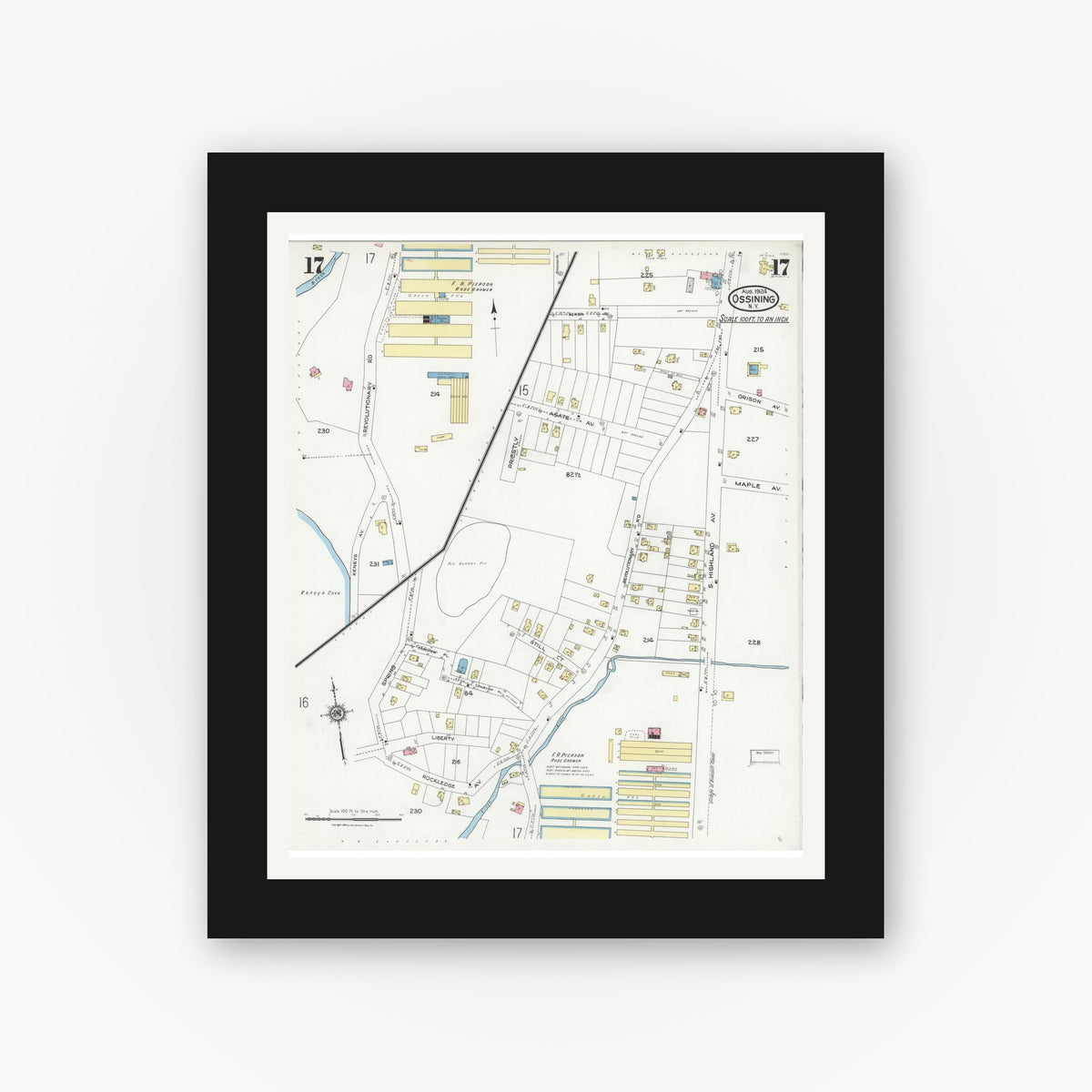 Old map wall art mockup — black gallery frame with white mat — Sanborn Fire Insurance Map from Ossining, Westchester County, New York (1924), Sheet #0017