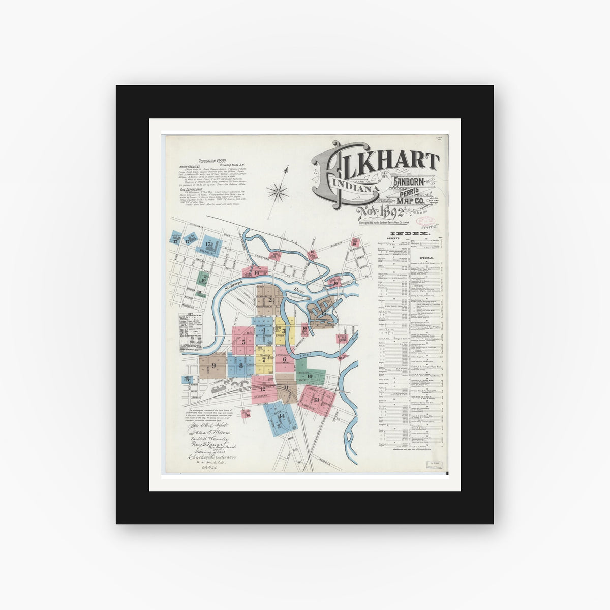 Old map wall art mockup — black gallery frame with white mat — Sanborn Fire Insurance Map from Elkhart, Elkhart County, Indiana (1892) - Complete Map Set
