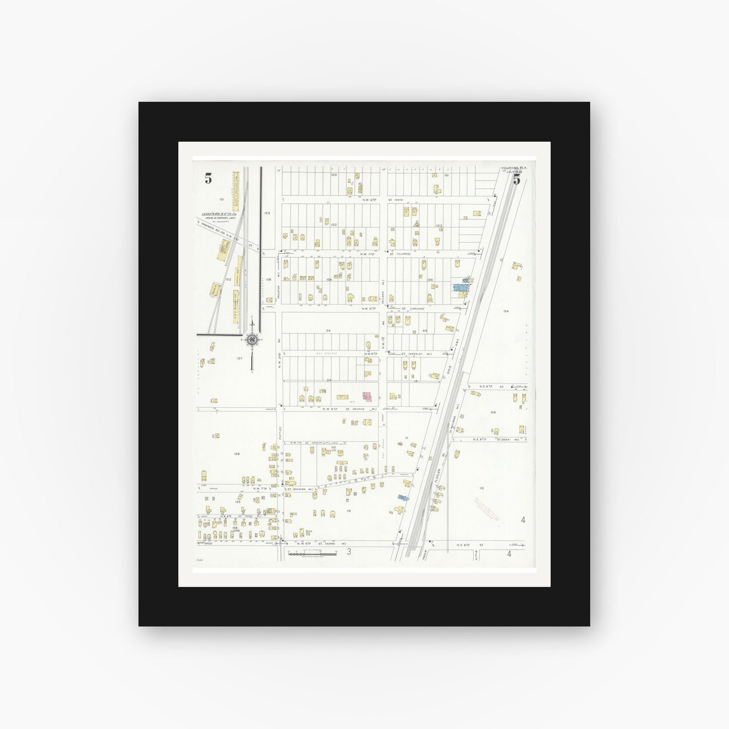 Old map wall art mockup — black gallery frame with white mat — Sanborn Fire Insurance Map from Pompano, Broward County, Florida (1939), Sheet #0005