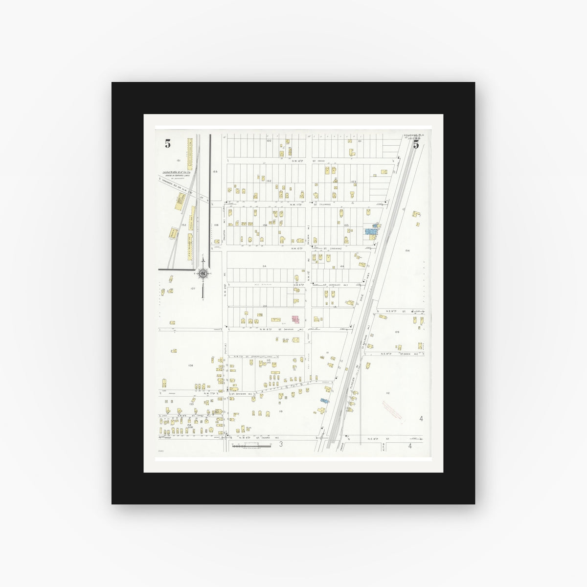 Old map wall art mockup — black gallery frame with white mat — Sanborn Fire Insurance Map from Pompano, Broward County, Florida (1939), Sheet #0005