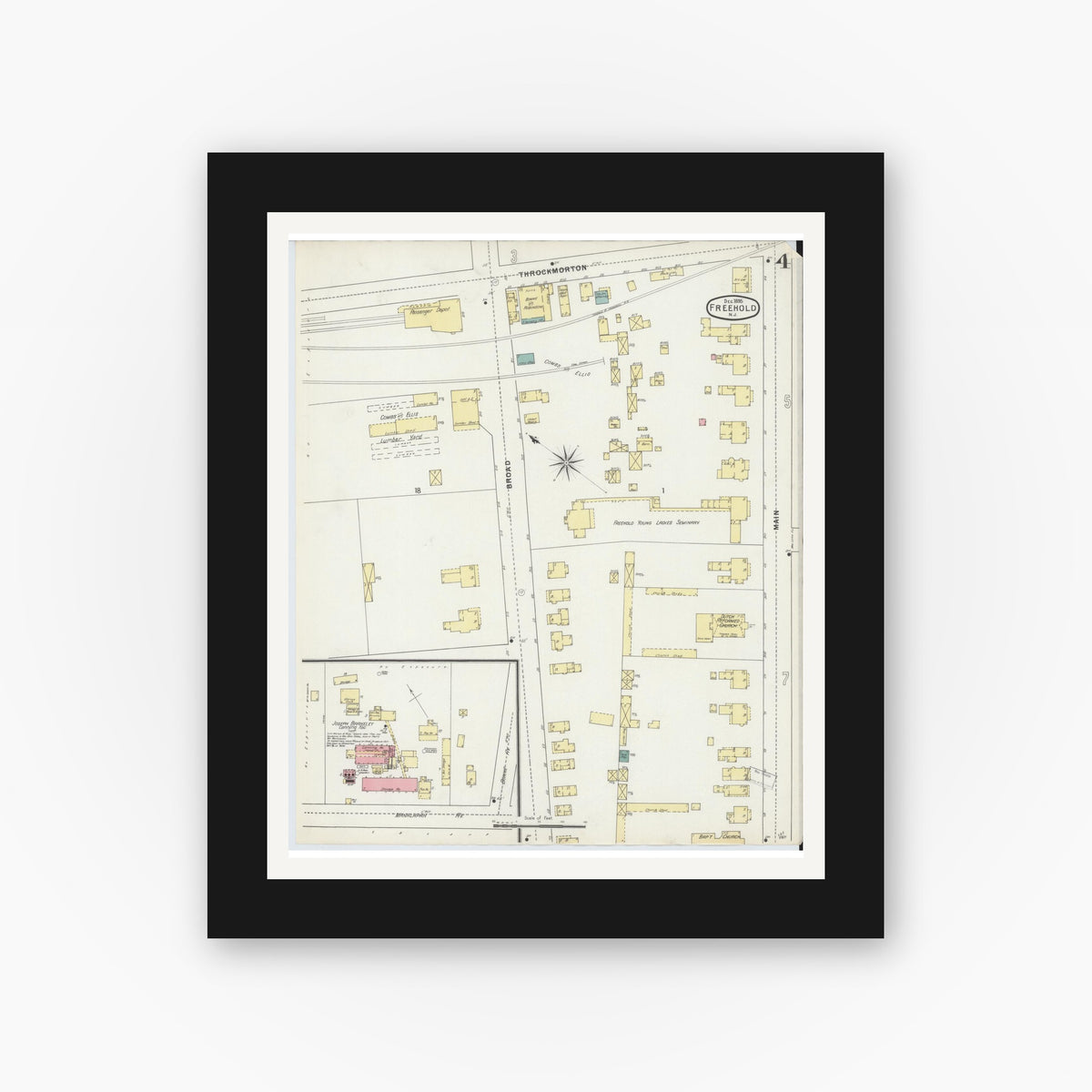Old map wall art mockup — black gallery frame with white mat — Sanborn Fire Insurance Map from Freehold, Monmouth County, New Jersey (1895), Sheet #0004