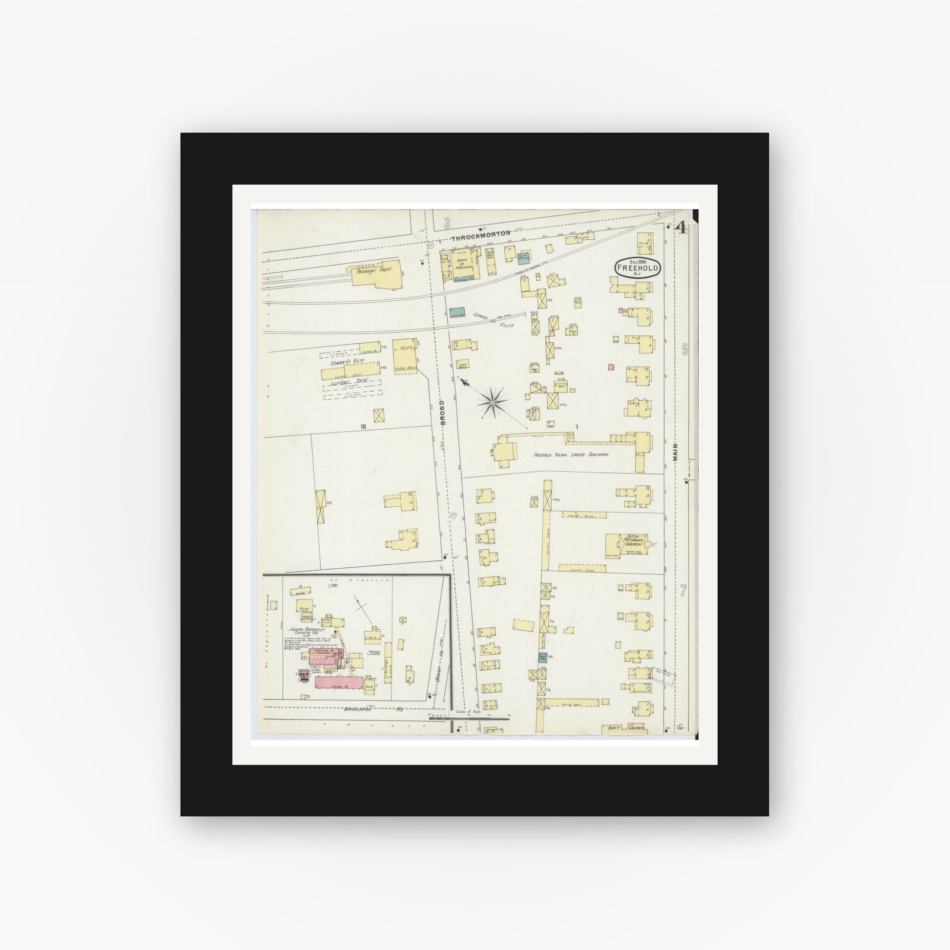 Old map wall art mockup — black gallery frame with white mat — Sanborn Fire Insurance Map from Freehold, Monmouth County, New Jersey (1895), Sheet #0004