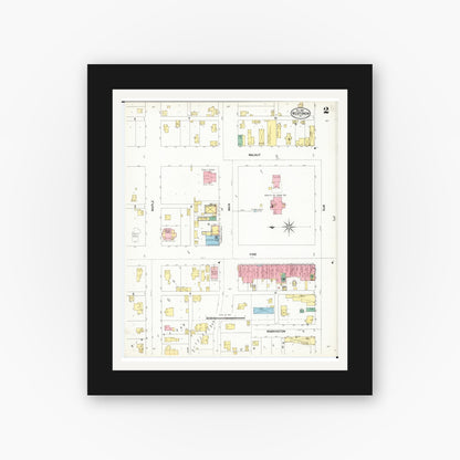 Old map wall art mockup — black gallery frame with white mat — Sanborn Fire Insurance Map from West Union, Fayette County, Iowa (1902), Sheet #0002
