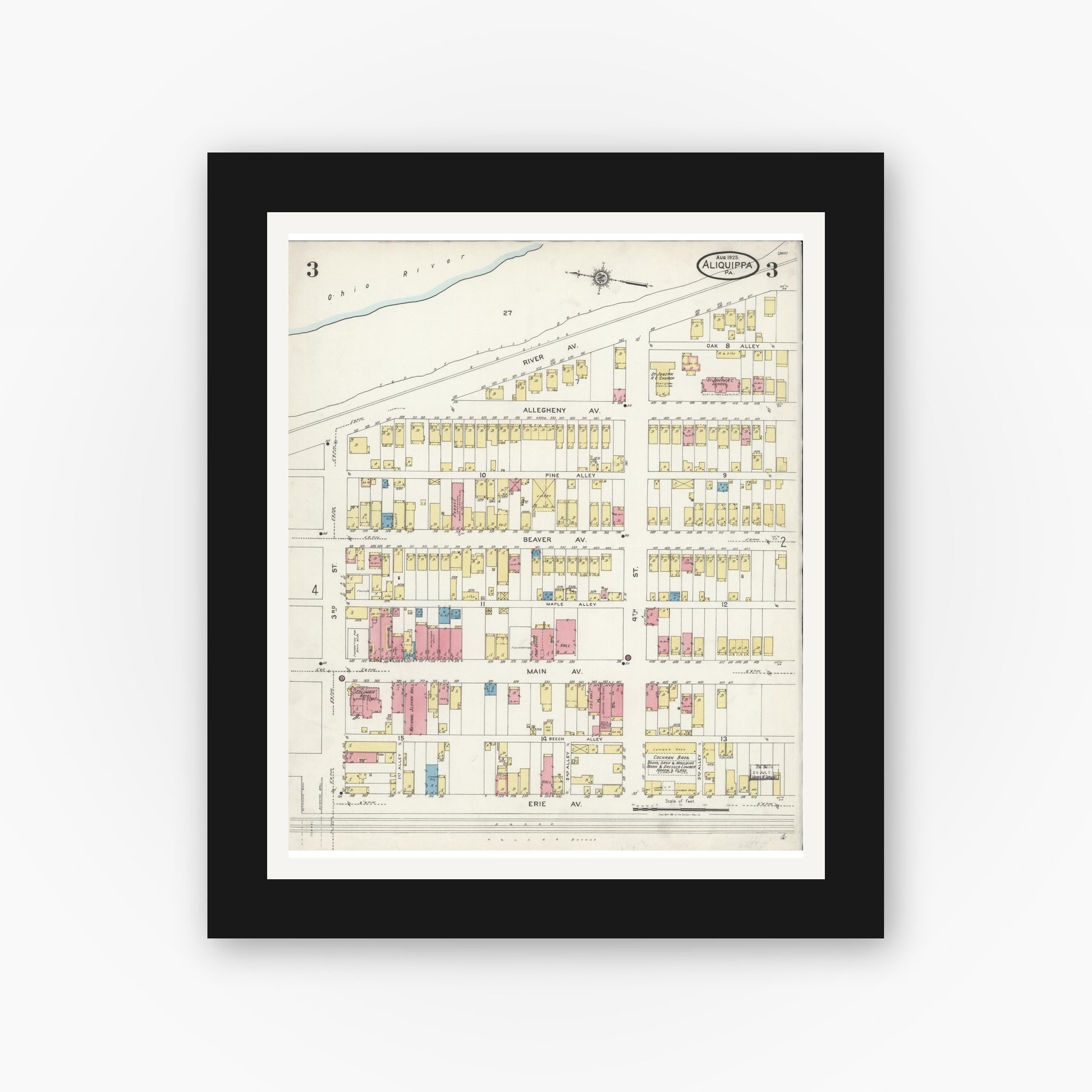 Old map wall art mockup — black gallery frame with white mat — Sanborn Fire Insurance Map from Aliquippa, Beaver County, Pennsylvania (1925), Sheet #0003