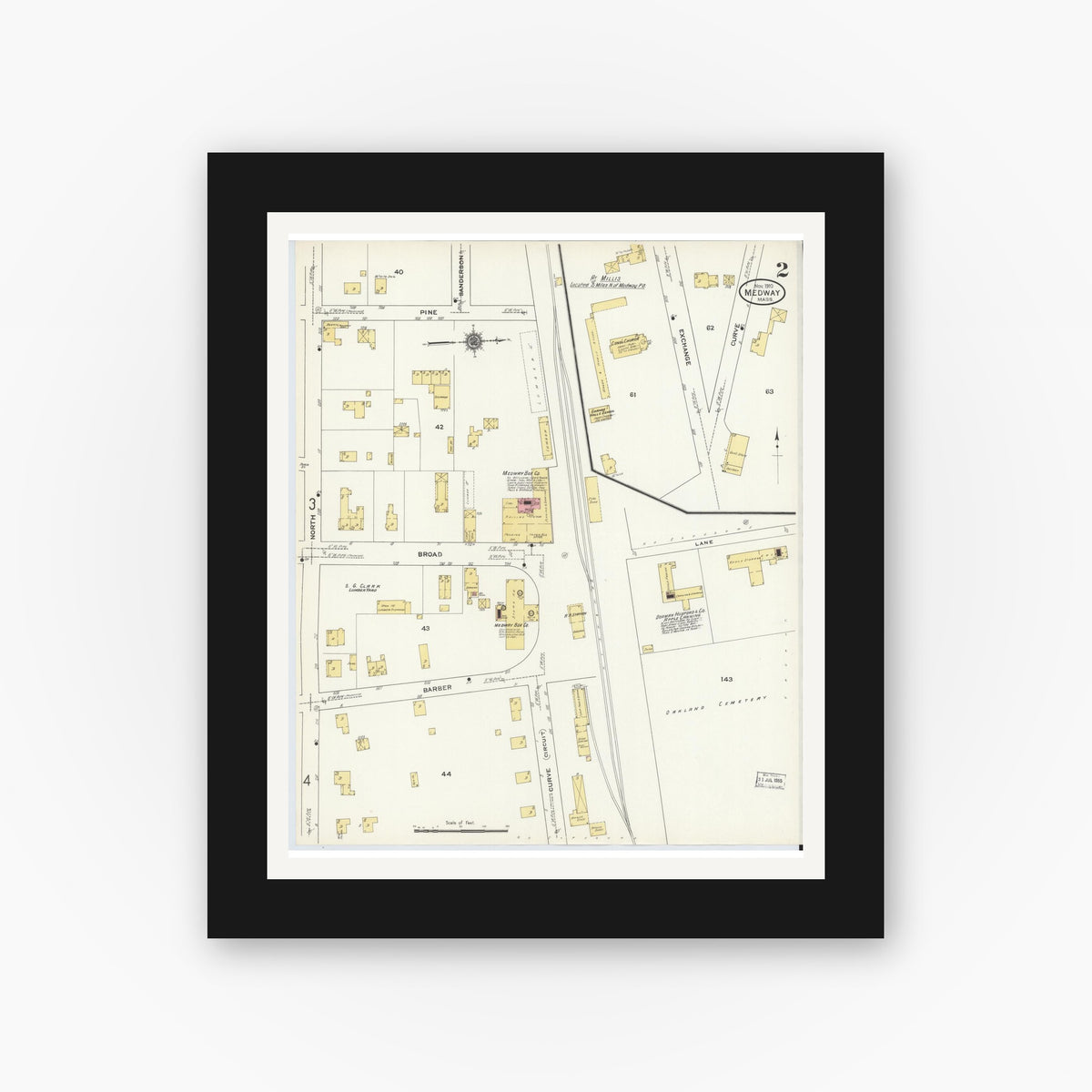 Old map wall art mockup — black gallery frame with white mat — Sanborn Fire Insurance Map from Medway, Norfolk County, Massachusetts (1910), Sheet #0002