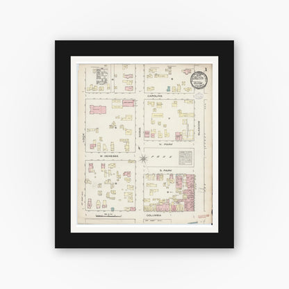 Old map wall art mockup — black gallery frame with white mat — Sanborn Fire Insurance Map from Clyde, Wayne County, New York (1884) - Complete Map Set