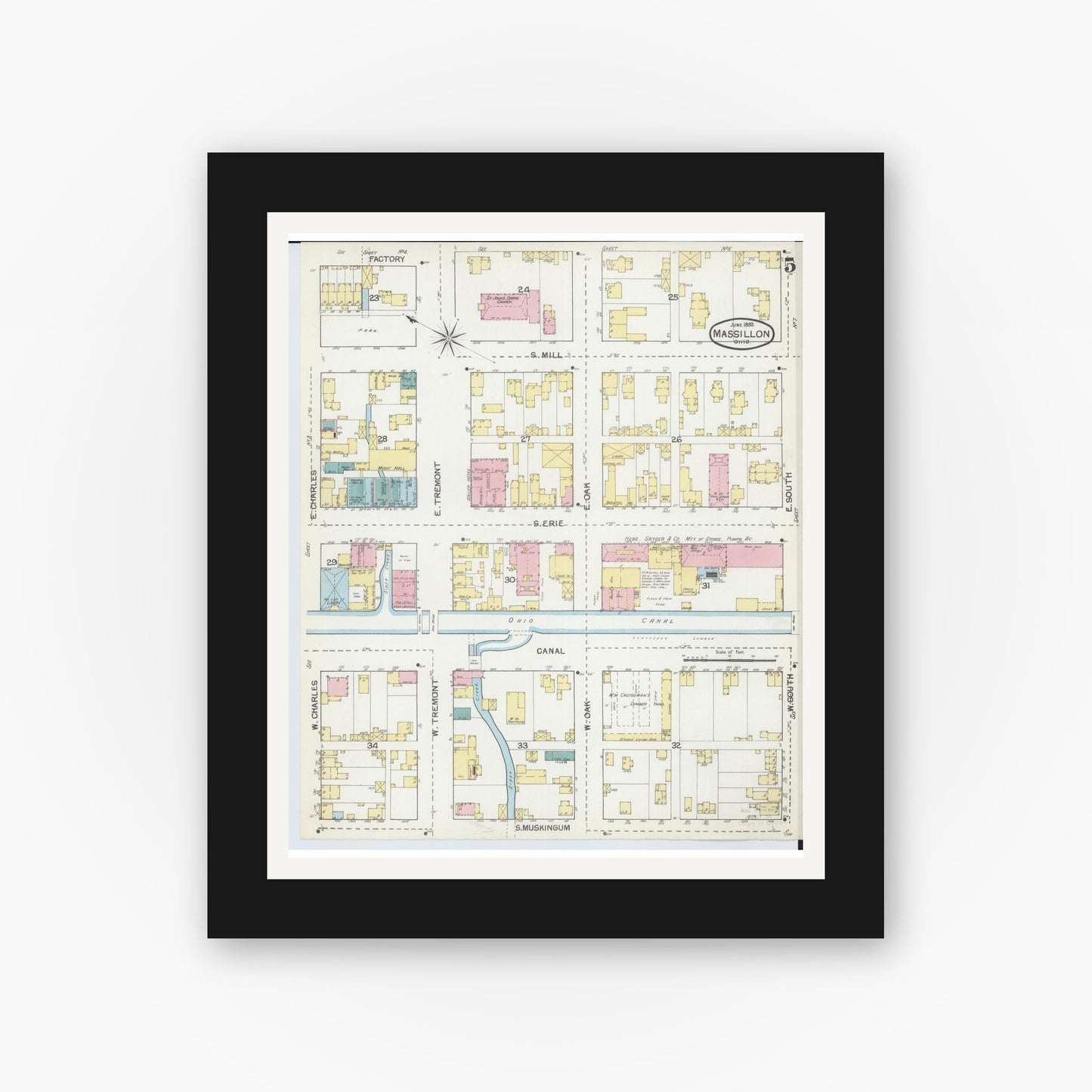 Old map wall art mockup — black gallery frame with white mat — Sanborn Fire Insurance Map from Massillon, Stark County, Ohio (1892), Sheet #0005
