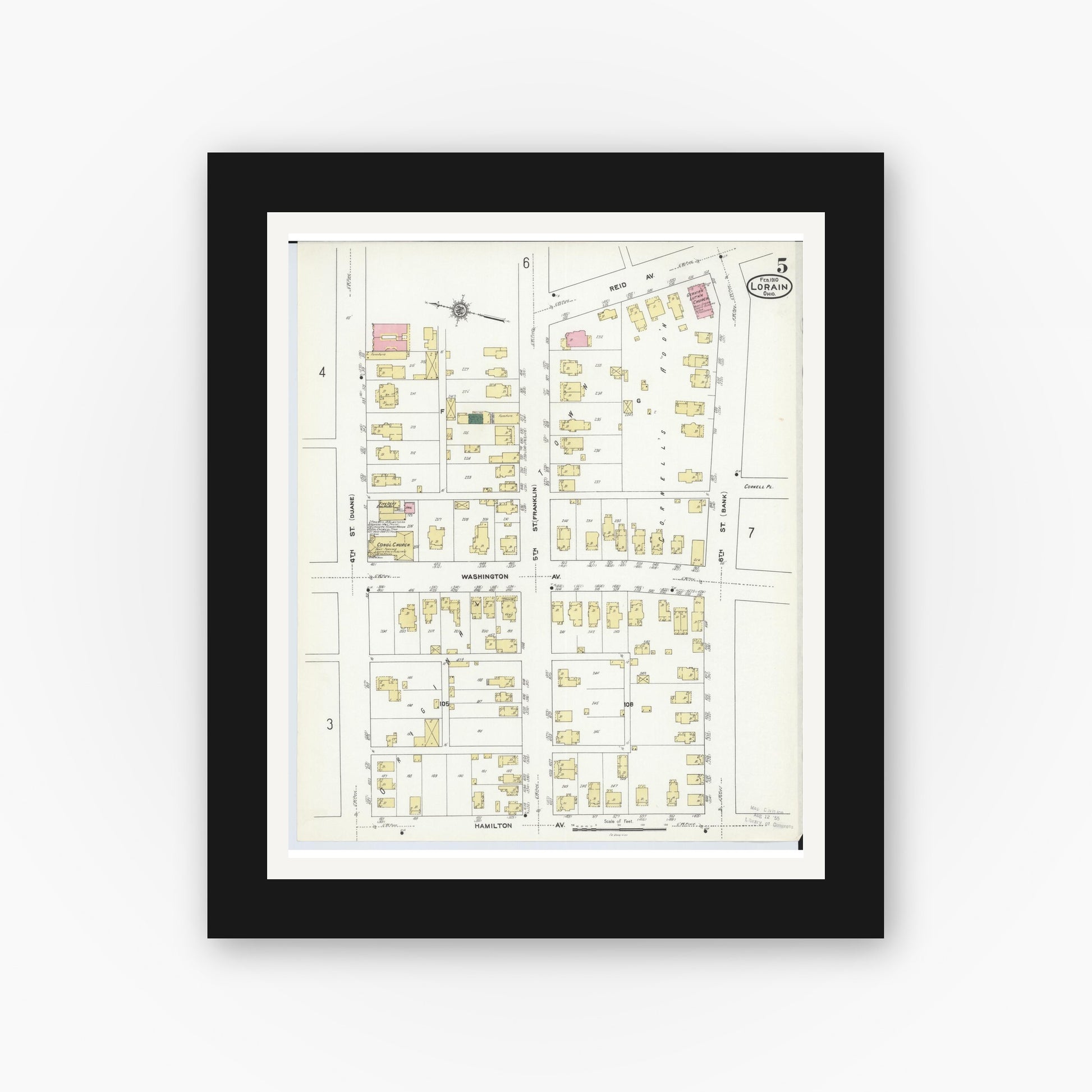 Old map wall art mockup — black gallery frame with white mat — Sanborn Fire Insurance Map from Lorain, Lorain County, Ohio (1910), Sheet #0005