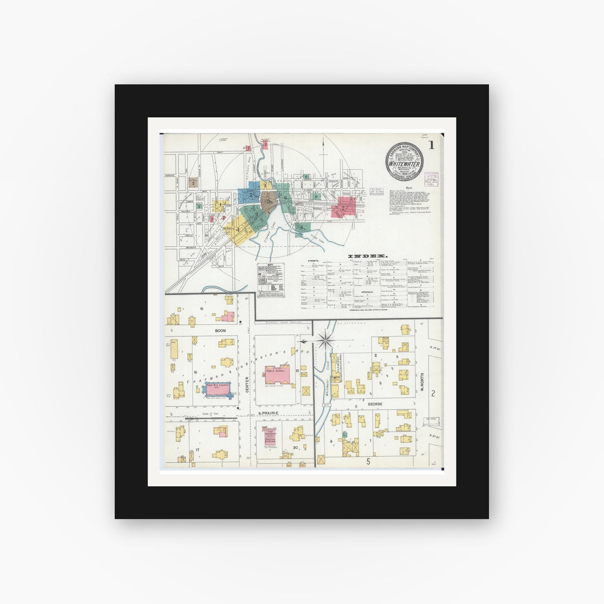 Old map wall art mockup — black gallery frame with white mat — Sanborn Fire Insurance Map from Whitewater, Walworth County, Wisconsin (1904) - Complete Map Set