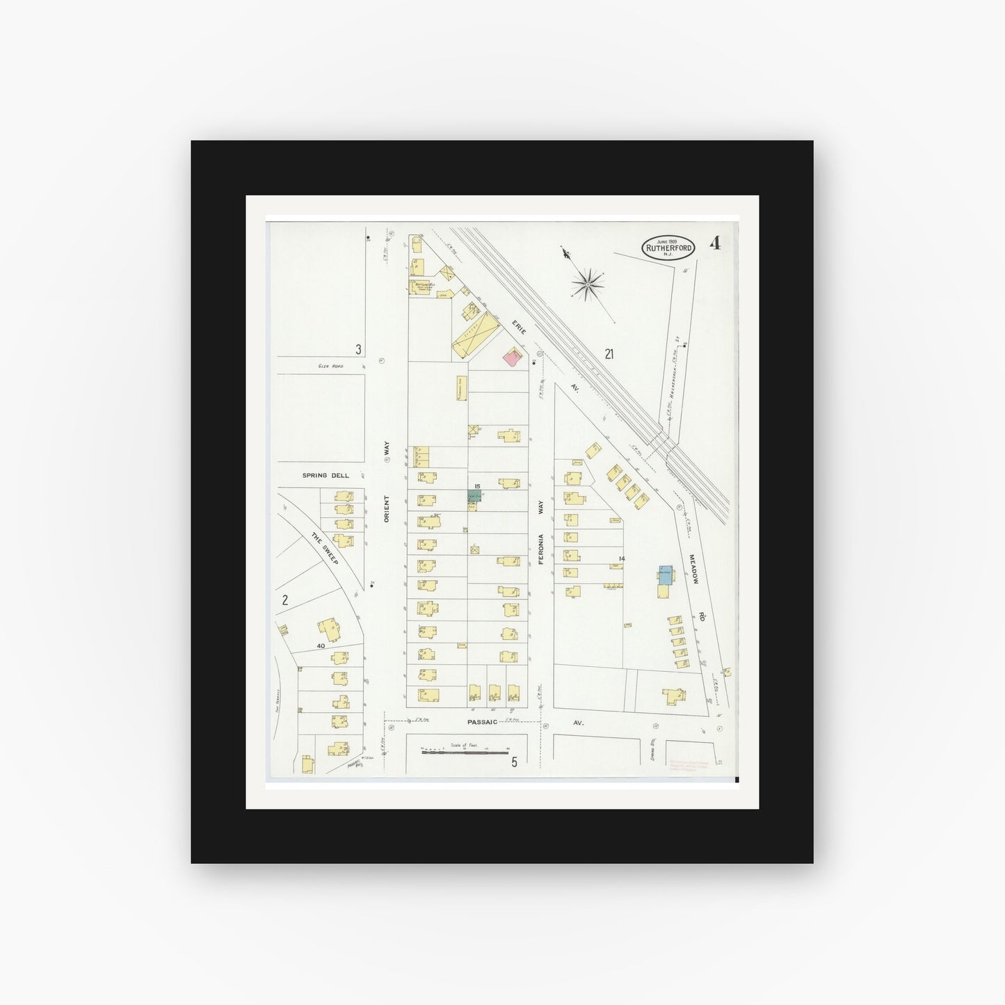 Old map wall art mockup — black gallery frame with white mat — Sanborn Fire Insurance Map from Rutherford, Bergen County, New Jersey (1909), Sheet #0004