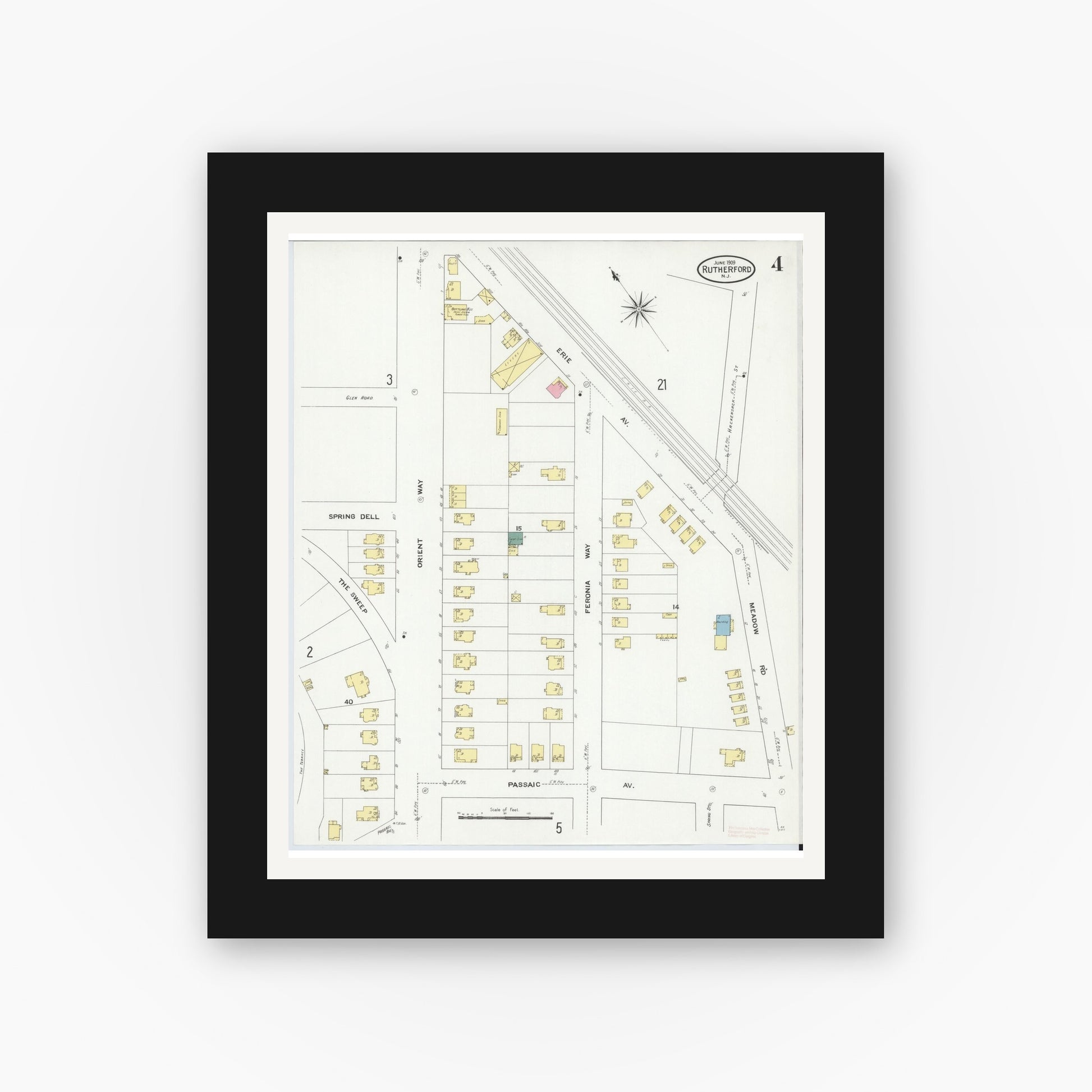 Old map wall art mockup — black gallery frame with white mat — Sanborn Fire Insurance Map from Rutherford, Bergen County, New Jersey (1909), Sheet #0004