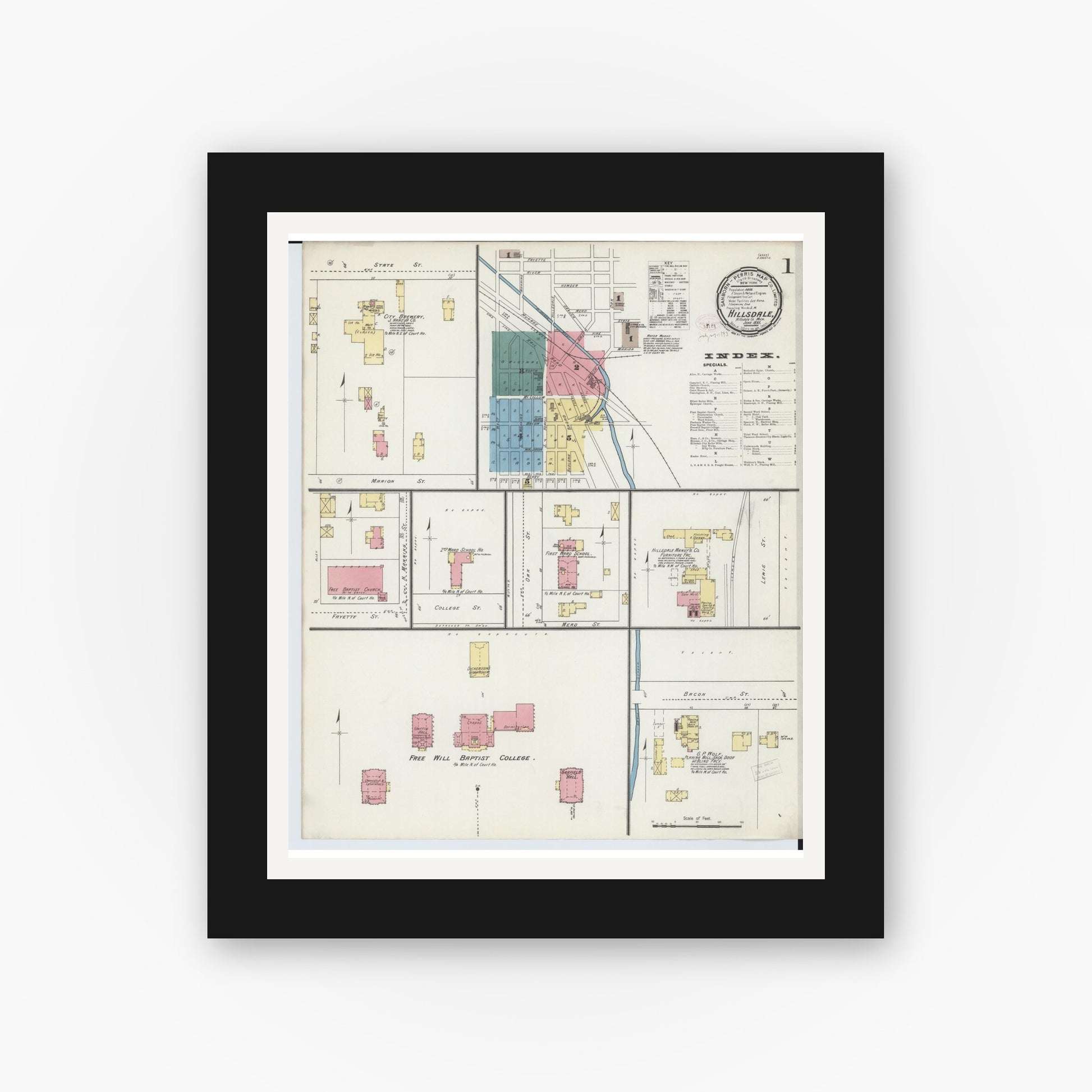 Old map wall art mockup — black gallery frame with white mat — Sanborn Fire Insurance Map from Hillsdale, Hillsdale County, Michigan (1893) - Complete Map Set