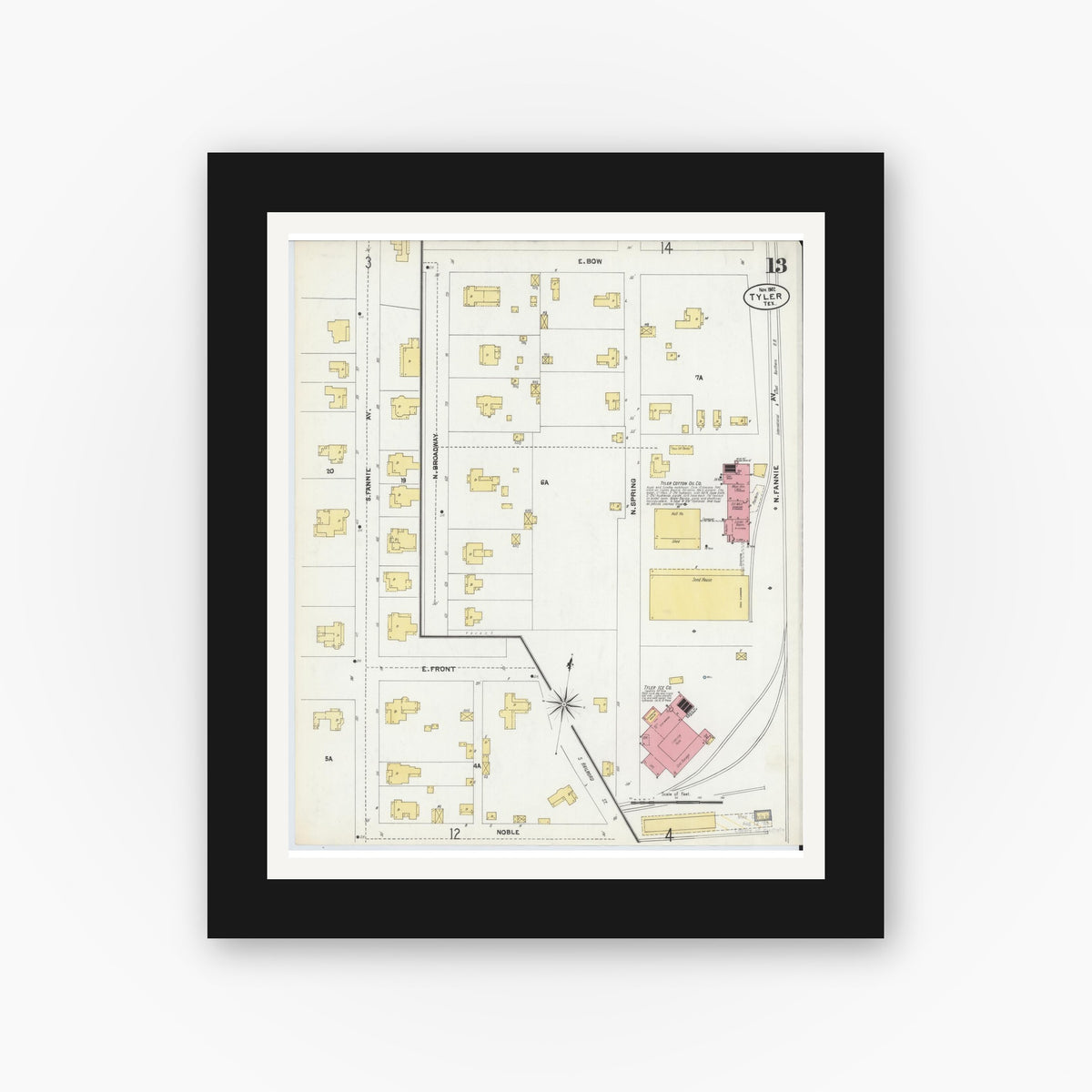 Old map wall art mockup — black gallery frame with white mat — Sanborn Fire Insurance Map from Tyler, Smith County, Texas (1902), Sheet #0013