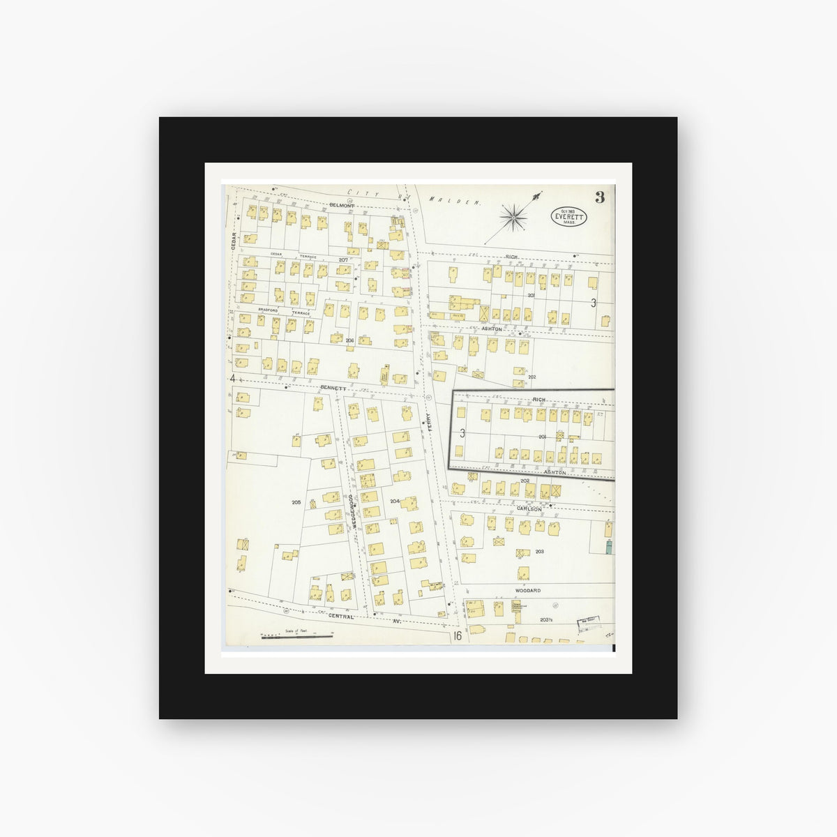 Old map wall art mockup — black gallery frame with white mat — Sanborn Fire Insurance Map from Everett, Middlesex County, Massachusetts (1903), Sheet #0003