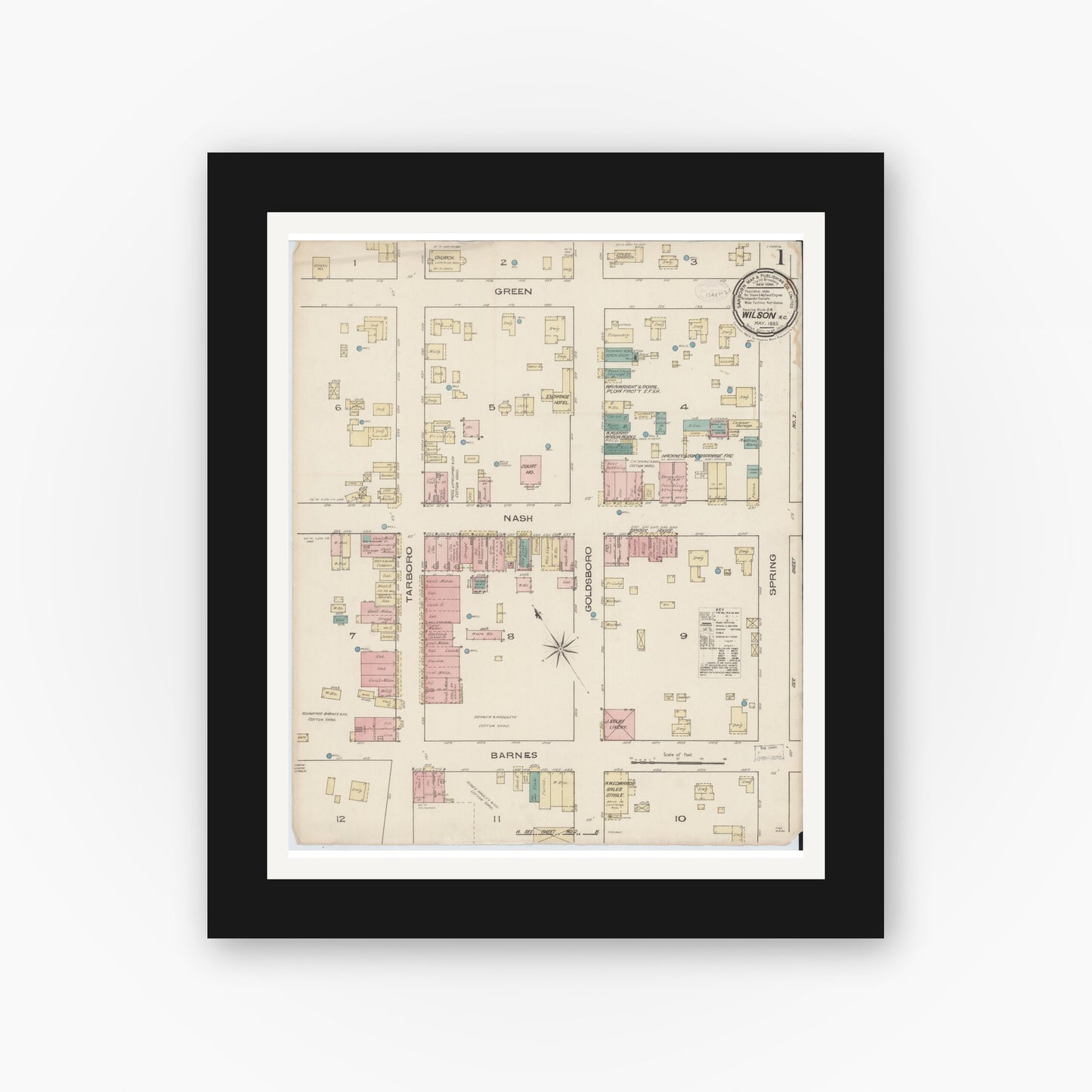 Old map wall art mockup — black gallery frame with white mat — Sanborn Fire Insurance Map from Wilson, Wilson County, North Carolina (1885) - Complete Map Set