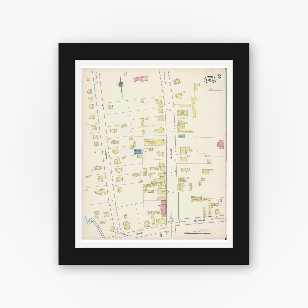 Old map wall art mockup — black gallery frame with white mat — Sanborn Fire Insurance Map from Florida, Orange County, New York (1915), Sheet #0002