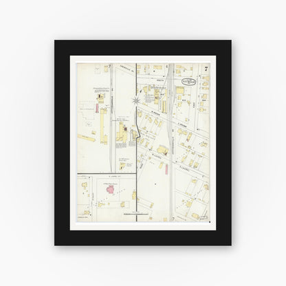 Old map wall art mockup — black gallery frame with white mat — Sanborn Fire Insurance Map from Seymour, Jackson County, Indiana (1896), Sheet #0007