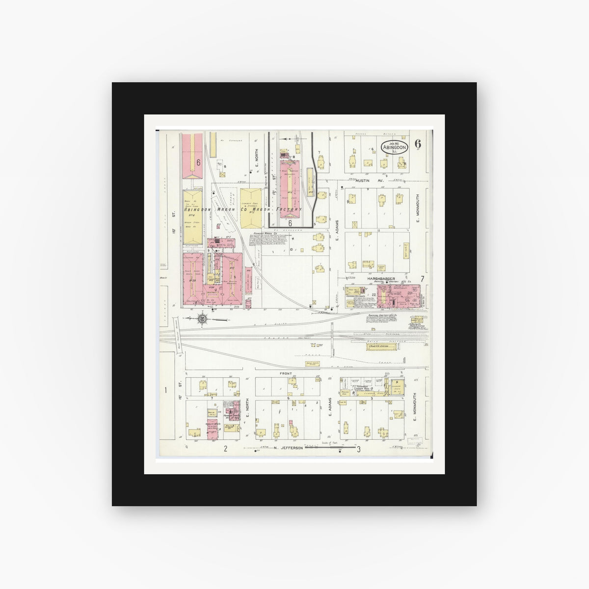 Old map wall art mockup — black gallery frame with white mat — Sanborn Fire Insurance Map from Abingdon, Knox County, Illinois (1912), Sheet #0006