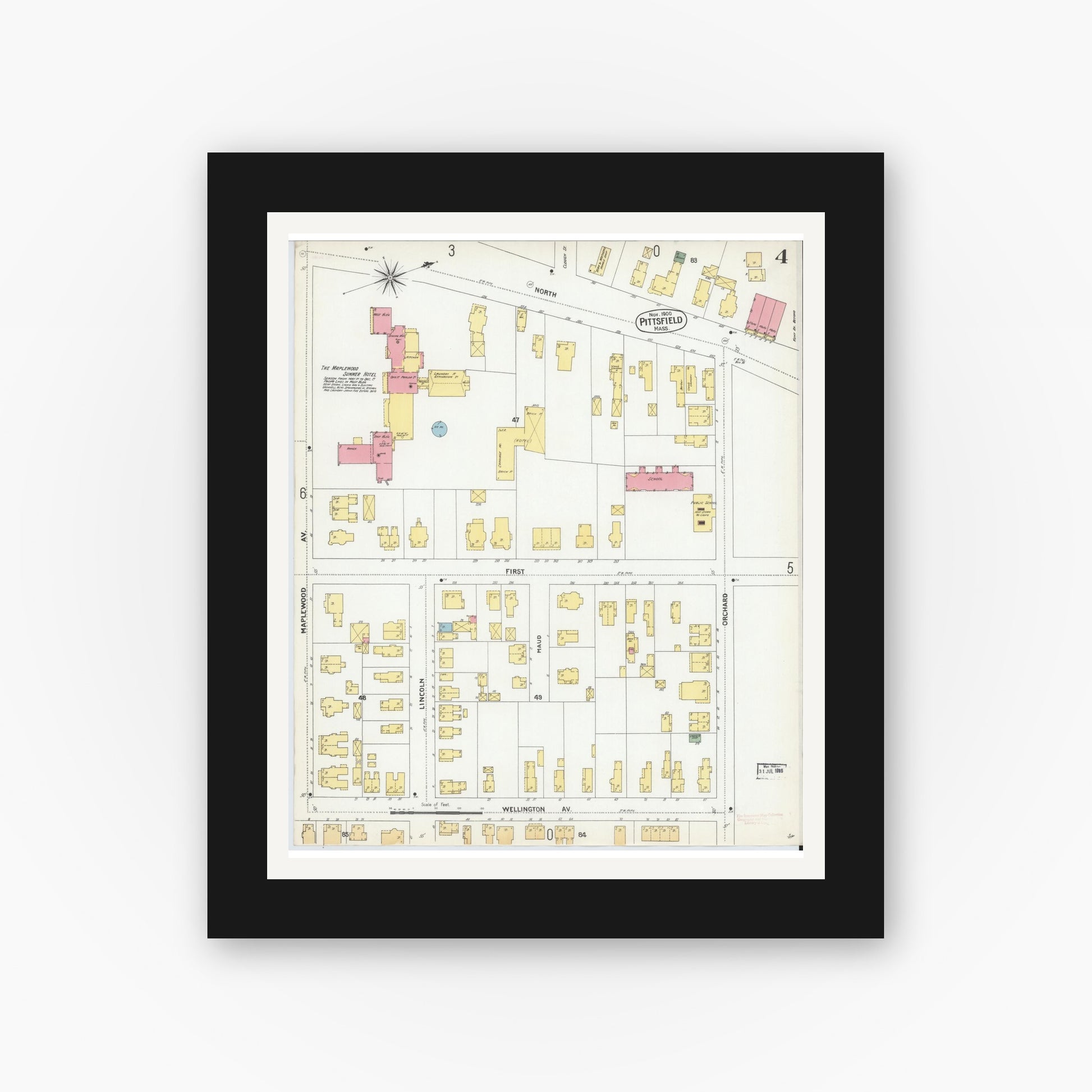 Old map wall art mockup — black gallery frame with white mat — Sanborn Fire Insurance Map from Pittsfield, Berkshire County, Massachusetts (1900), Sheet #0004
