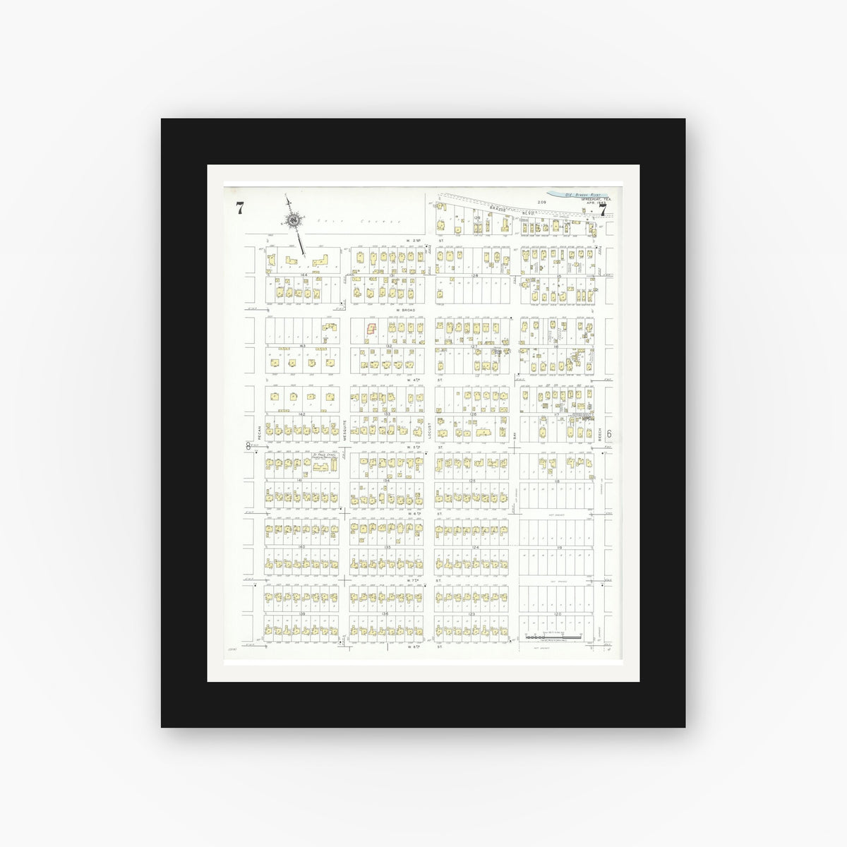 Old map wall art mockup — black gallery frame with white mat — Sanborn Fire Insurance Map from Freeport, Brazoria County, Texas (1943), Sheet #0007