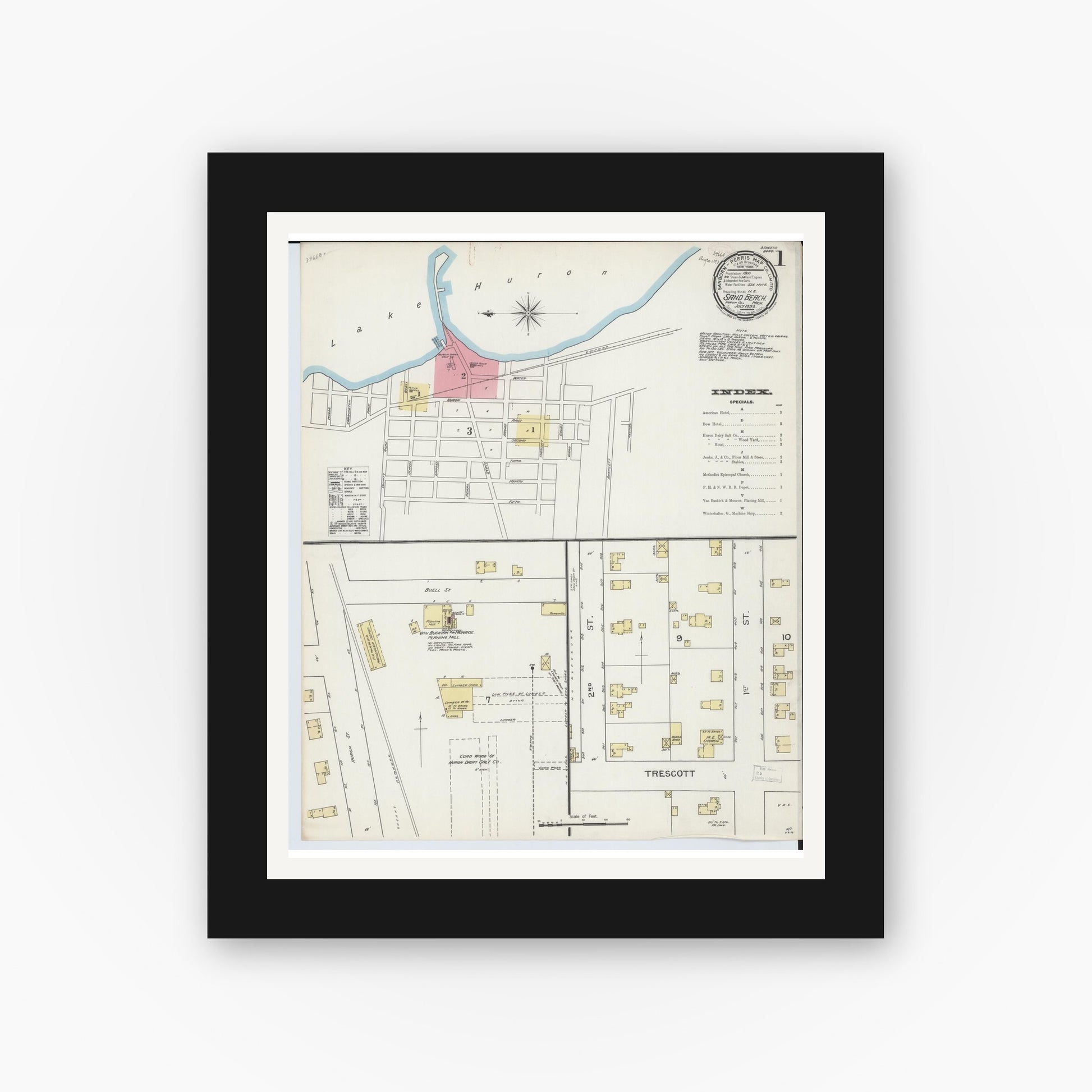 Old map wall art mockup — black gallery frame with white mat — Sanborn Fire Insurance Map from Sand Beach, Huron County, Michigan (1893) - Complete Map Set