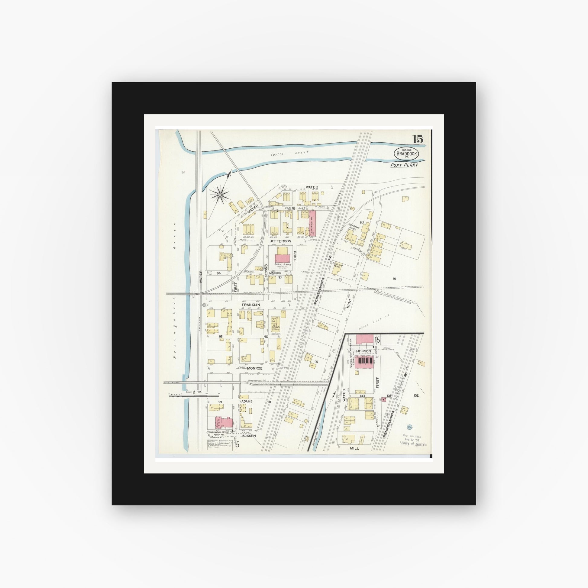 Old map wall art mockup — black gallery frame with white mat — Sanborn Fire Insurance Map from Braddock, Allegheny County, Pennsylvania (1908), Sheet #0015
