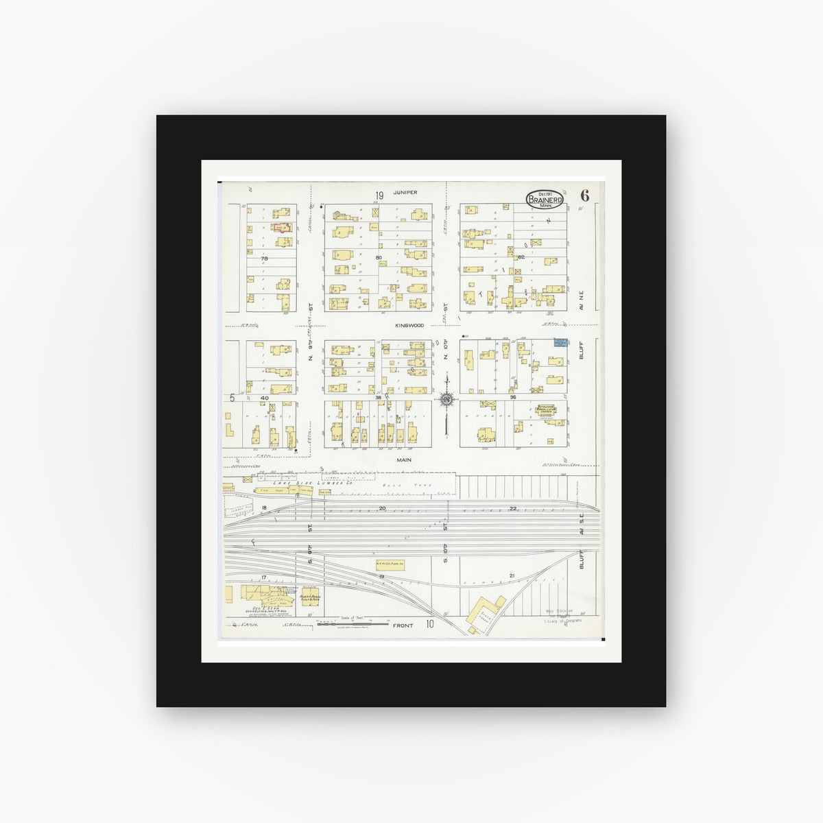 Old map wall art mockup — black gallery frame with white mat — Sanborn Fire Insurance Map from Brainerd, Crow Wing County, Minnesota (1917), Sheet #0006