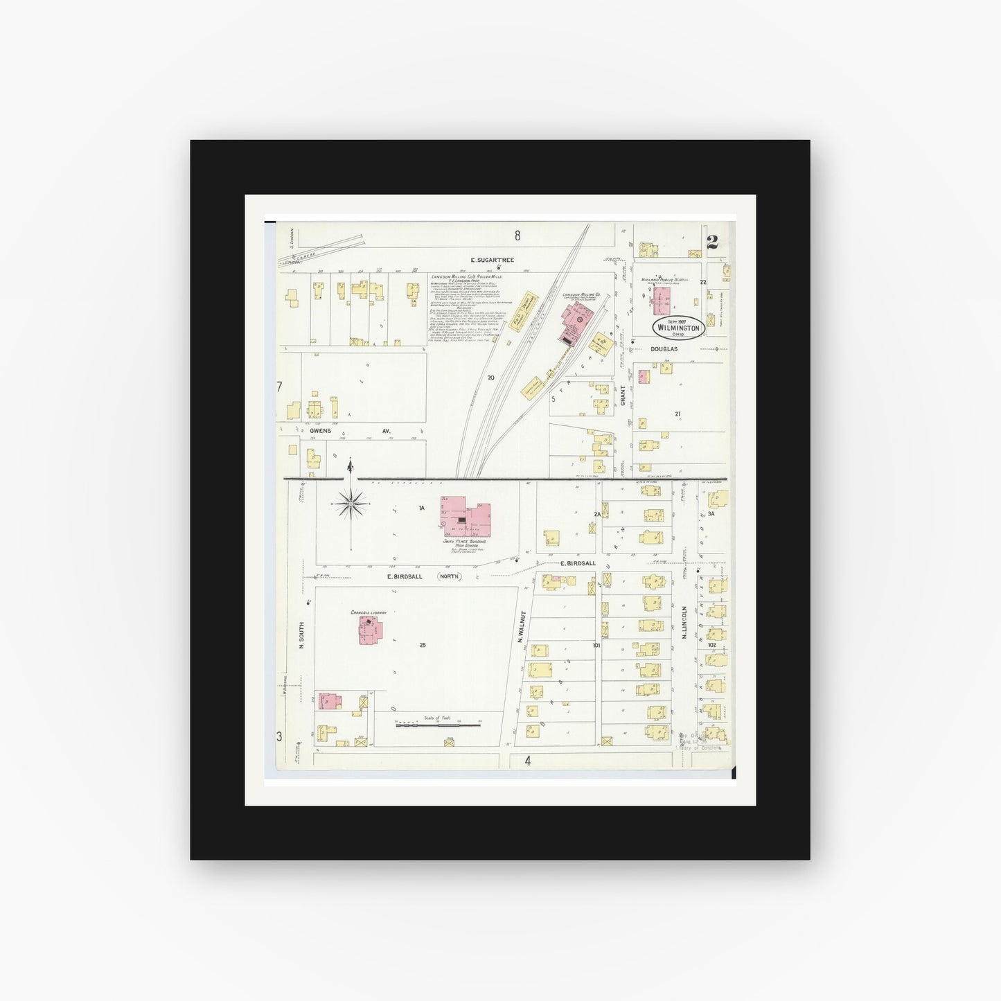 Old map wall art mockup — black gallery frame with white mat — Sanborn Fire Insurance Map from Wilmington, Clinton County, Ohio (1907), Sheet #0002