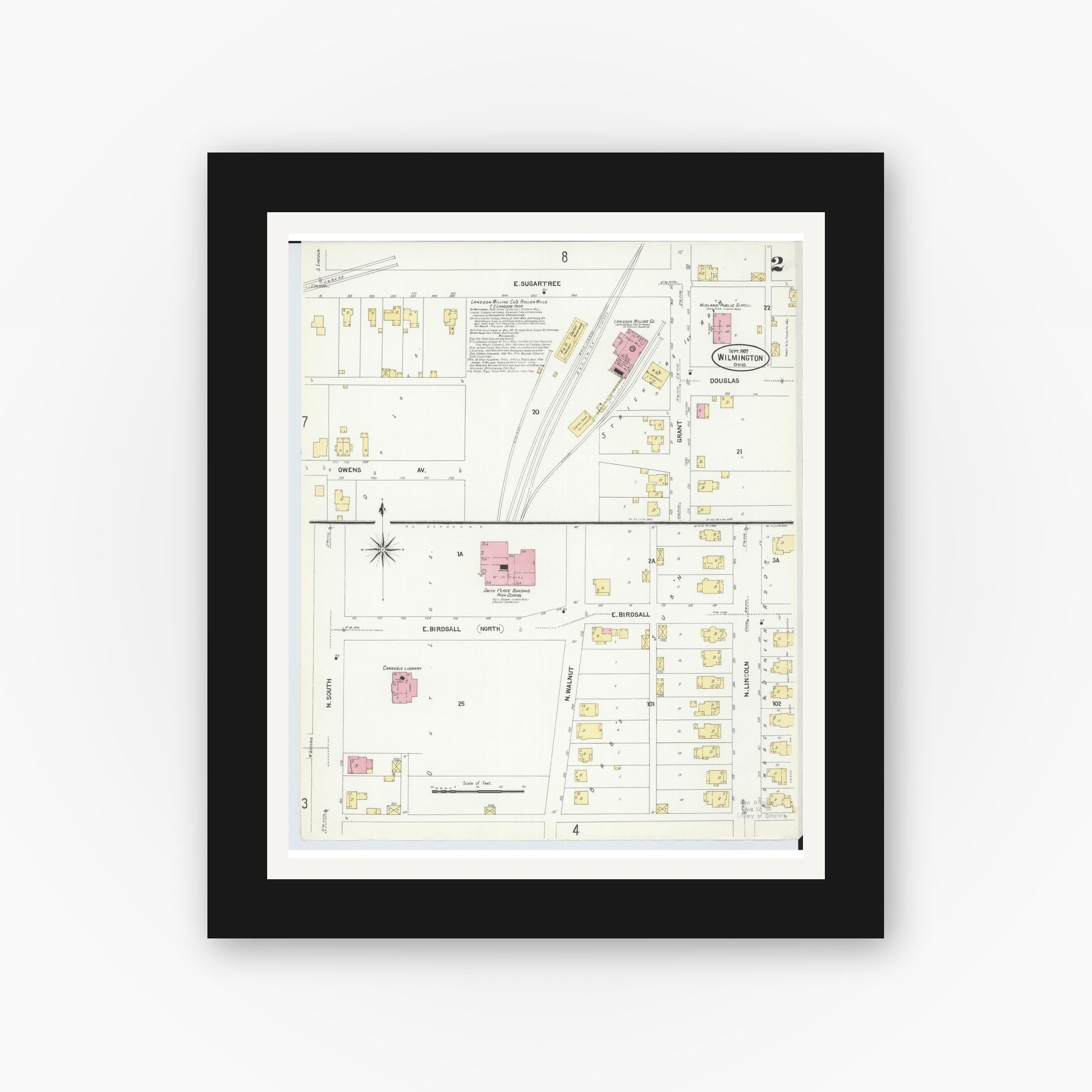 Old map wall art mockup — black gallery frame with white mat — Sanborn Fire Insurance Map from Wilmington, Clinton County, Ohio (1907), Sheet #0002