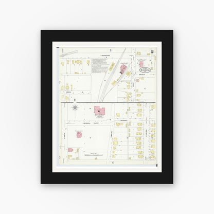 Old map wall art mockup — black gallery frame with white mat — Sanborn Fire Insurance Map from Wilmington, Clinton County, Ohio (1907), Sheet #0002
