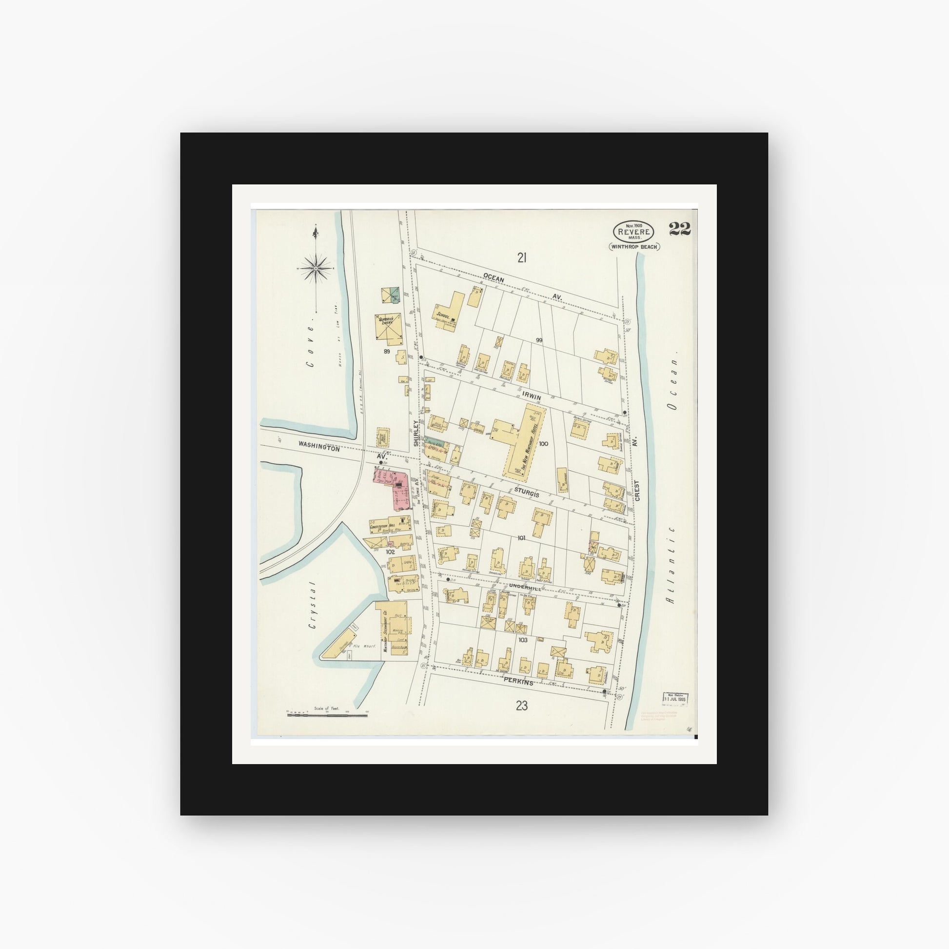 Old map wall art mockup — black gallery frame with white mat — Sanborn Fire Insurance Map from Revere, Suffolk County, Massachusetts (1900), Sheet #0022