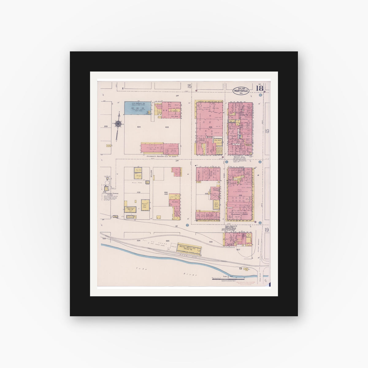 Old map wall art mockup — black gallery frame with white mat — Sanborn Fire Insurance Map from Marysville, Yuba County, California (1921), Sheet #0018