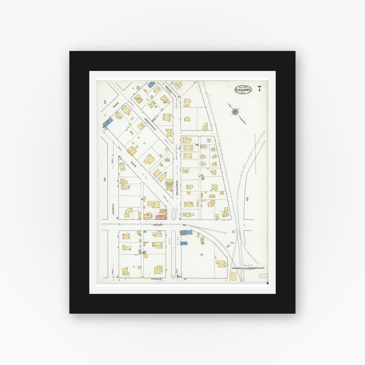Old map wall art mockup — black gallery frame with white mat — Sanborn Fire Insurance Map from Kissimmee, Osceola County, Florida (1920), Sheet #0007