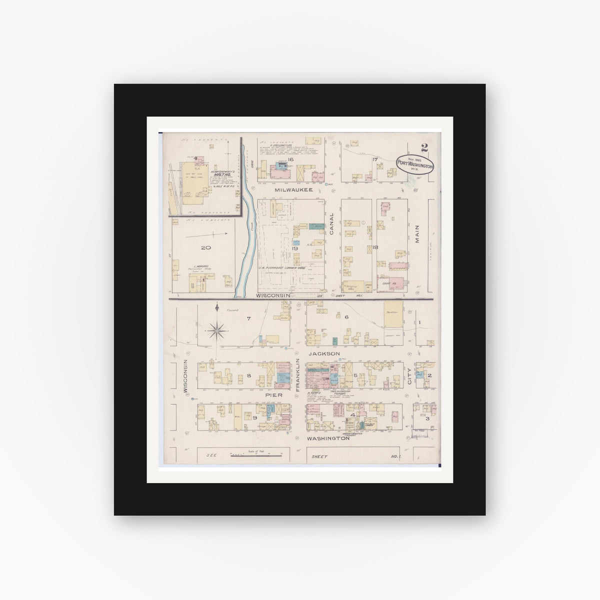 Old map wall art mockup — black gallery frame with white mat — Sanborn Fire Insurance Map from Port Washington, Ozaukee County, Wisconsin (1885), Sheet #0002