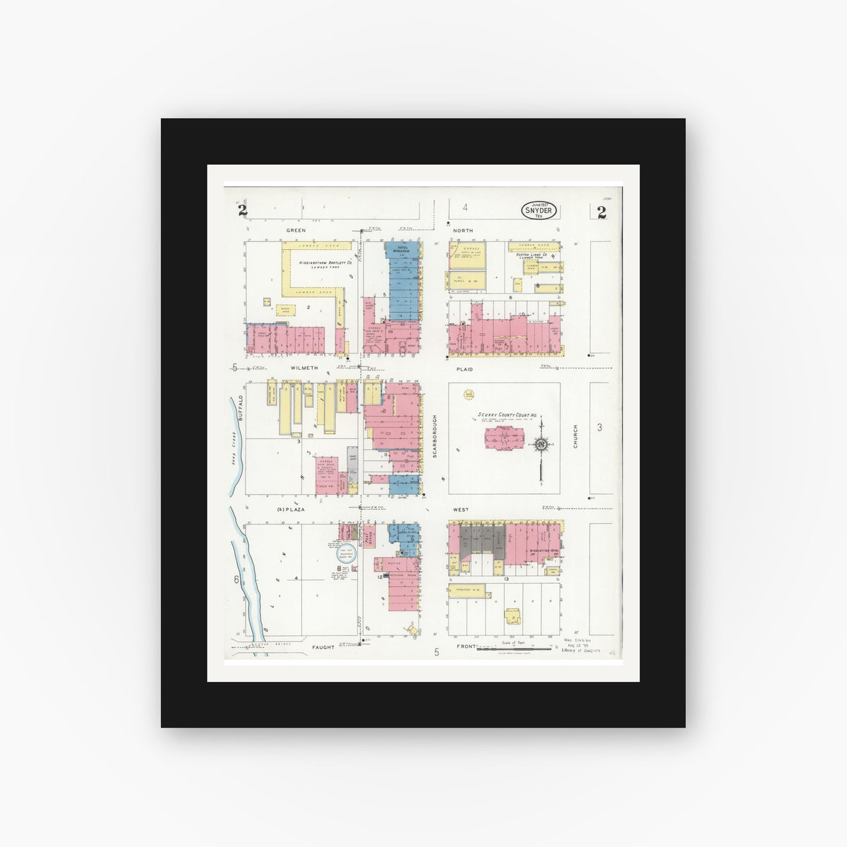 Old map wall art mockup — black gallery frame with white mat — Sanborn Fire Insurance Map from Snyder, Scurry County, Texas (1927), Sheet #0002