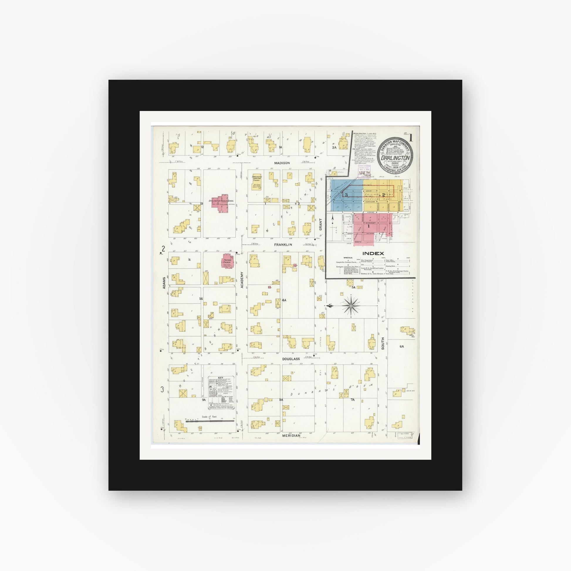 Old map wall art mockup — black gallery frame with white mat — Sanborn Fire Insurance Map from Darlington, Montgomery County, Indiana (1909), Sheet #0001