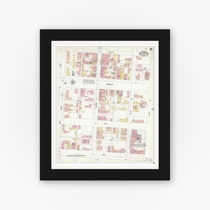 Old map wall art mockup — black gallery frame with white mat — Sanborn Fire Insurance Map from Madison, Jefferson County, Indiana (1904), Sheet #0009