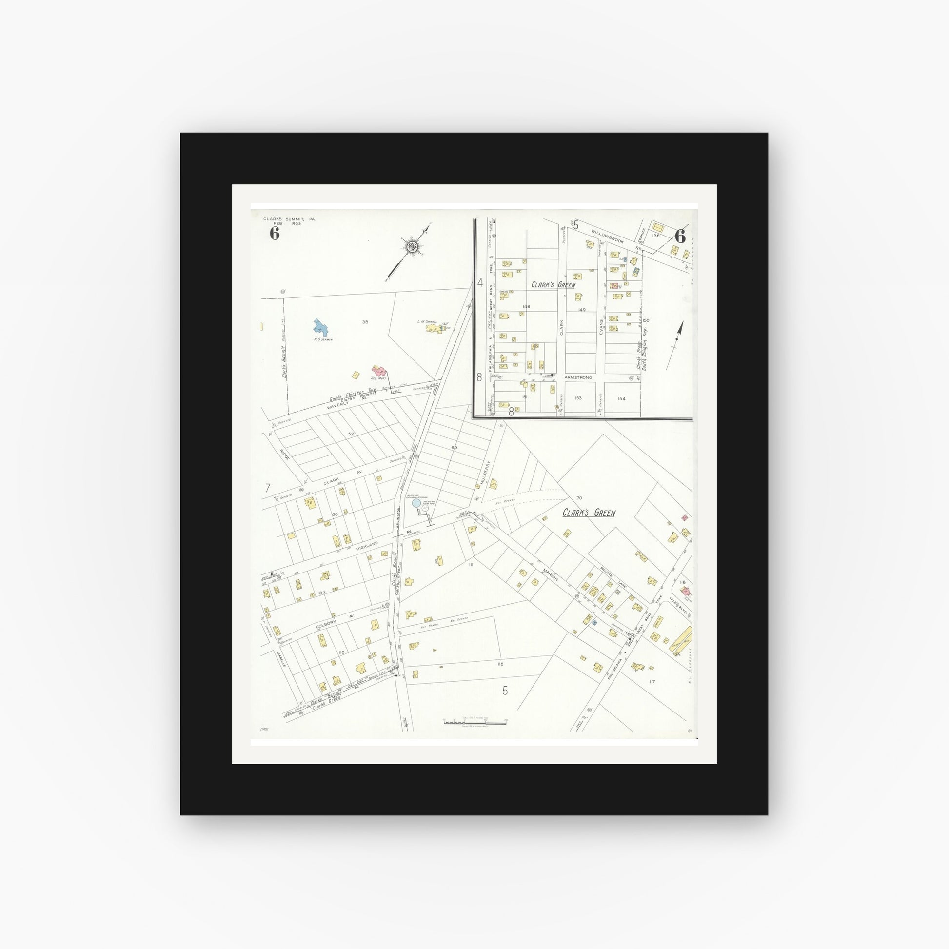 Old map wall art mockup — black gallery frame with white mat — Sanborn Fire Insurance Map from Clark's Summit, Lackawanna County, Pennsylvania (1933), Sheet #0006