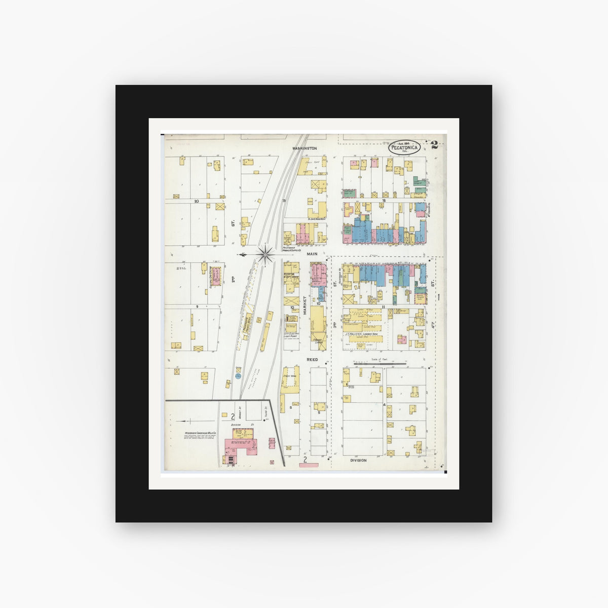 Old map wall art mockup — black gallery frame with white mat — Sanborn Fire Insurance Map from Pecatonica, Winnebago County, Illinois (1904), Sheet #0002
