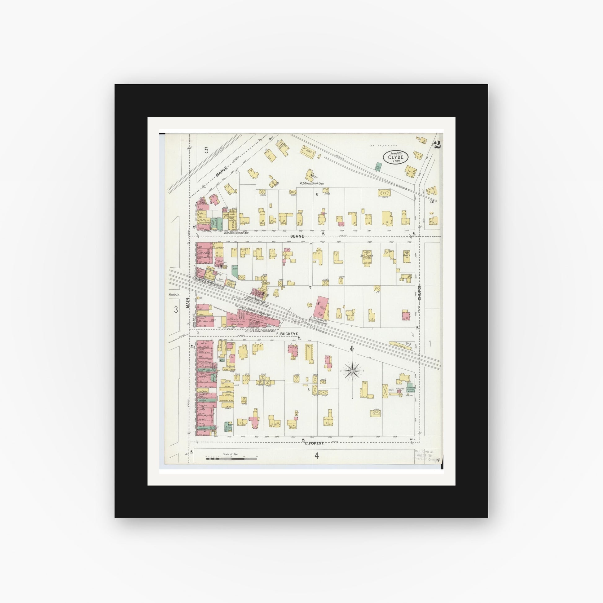 Old map wall art mockup — black gallery frame with white mat — Sanborn Fire Insurance Map from Clyde, Sandusky County, Ohio (1899), Sheet #0002