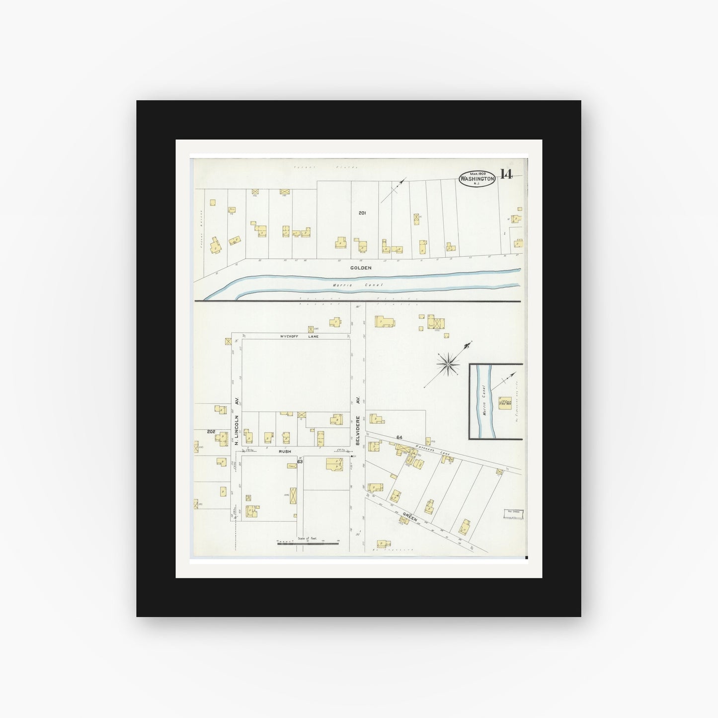 Old map wall art mockup — black gallery frame with white mat — Sanborn Fire Insurance Map from Washington, Warren County, New Jersey (1909), Sheet #0014