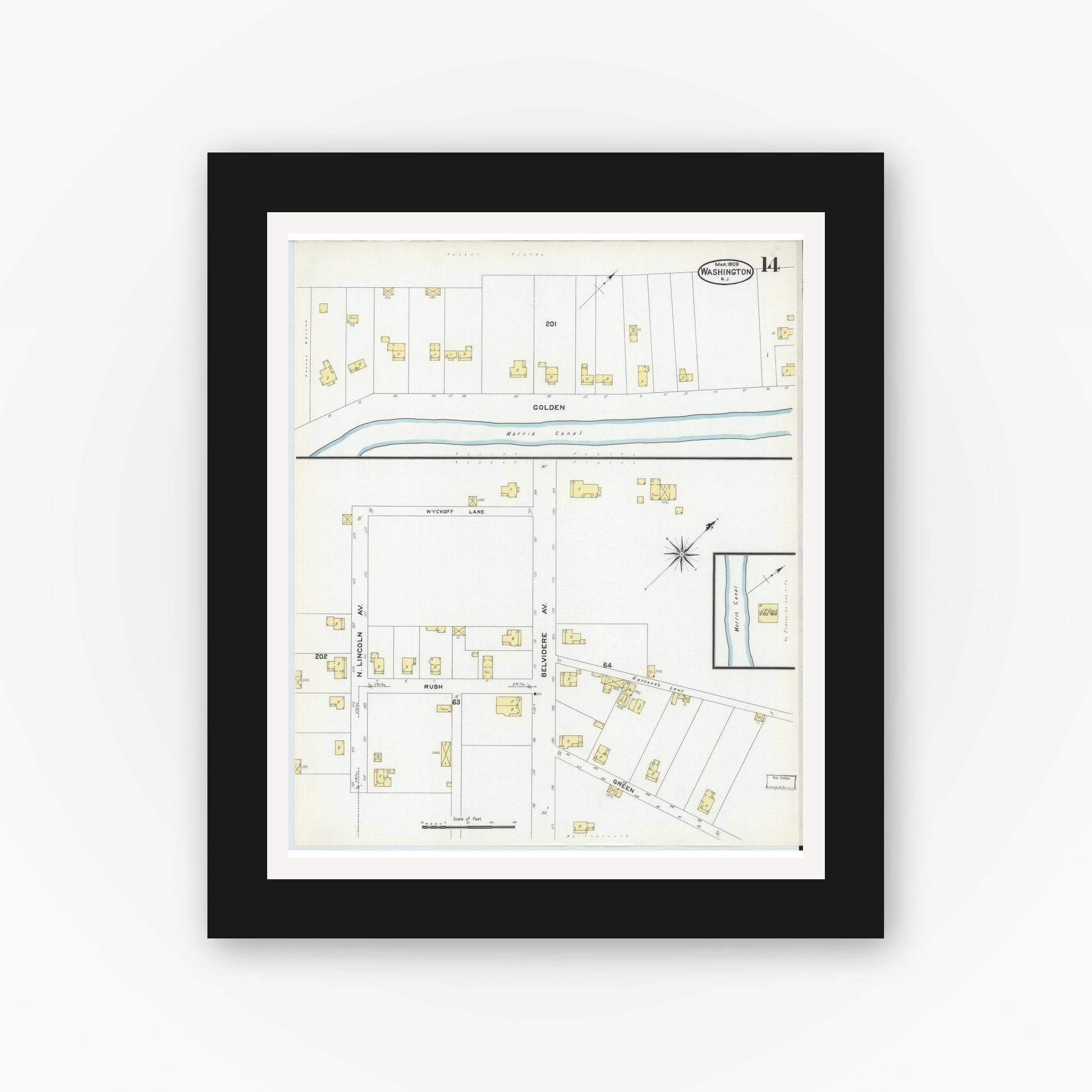 Old map wall art mockup — black gallery frame with white mat — Sanborn Fire Insurance Map from Washington, Warren County, New Jersey (1909), Sheet #0014