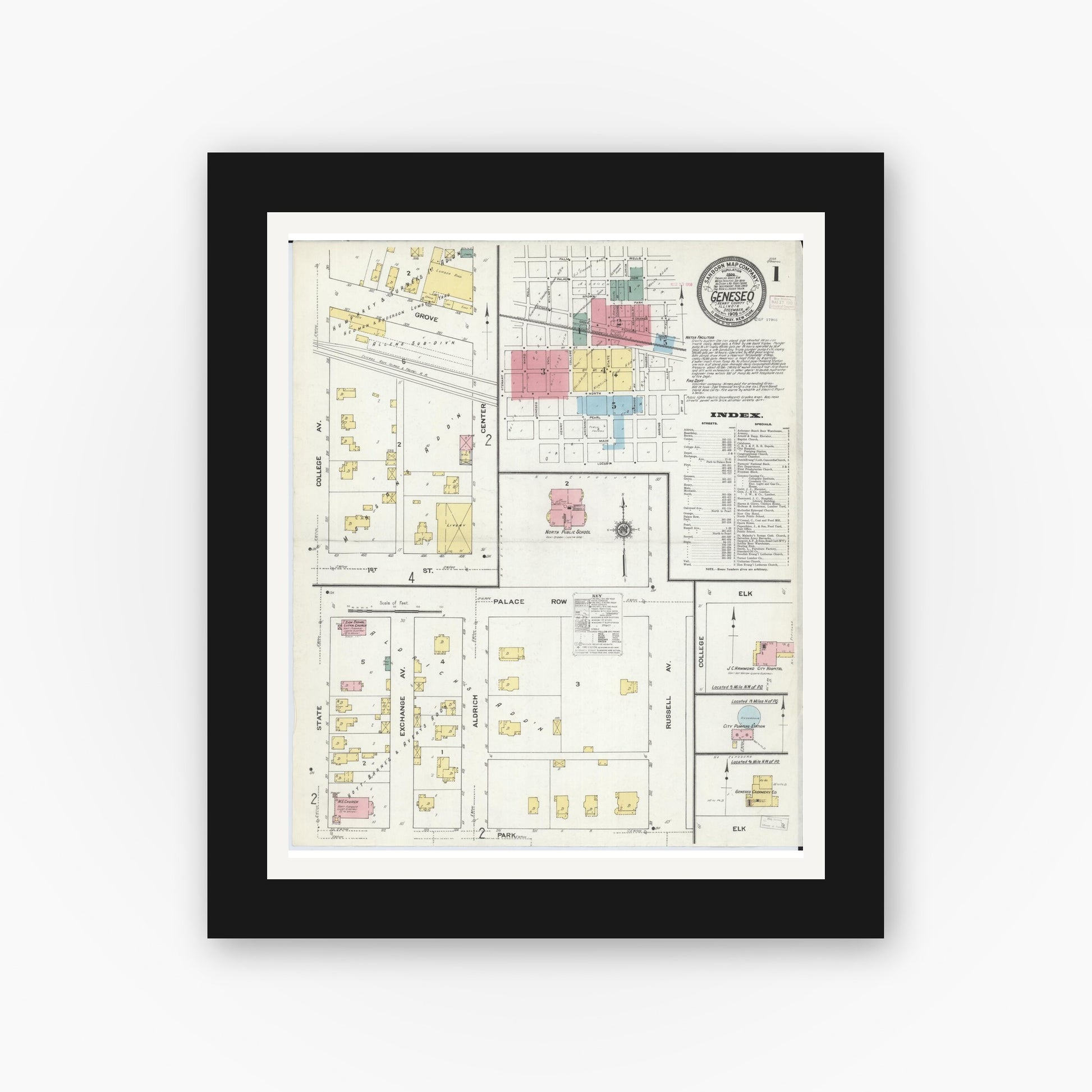 Old map wall art mockup — black gallery frame with white mat — Sanborn Fire Insurance Map from Geneseo, Henry County, Illinois (1909), Sheet #0001
