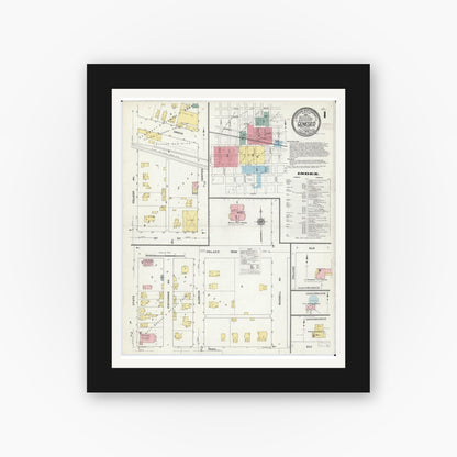 Old map wall art mockup — black gallery frame with white mat — Sanborn Fire Insurance Map from Geneseo, Henry County, Illinois (1909), Sheet #0001