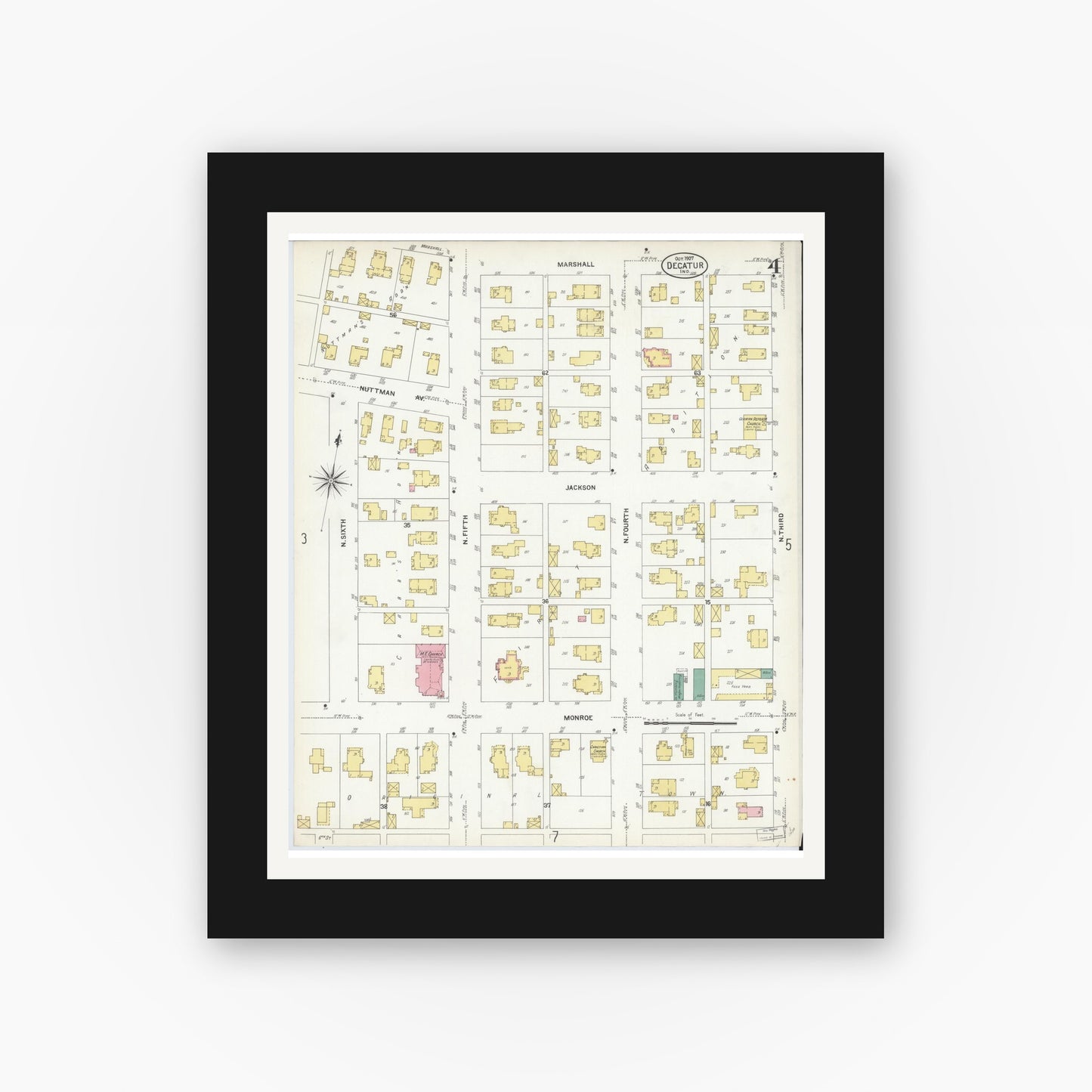 Old map wall art mockup — black gallery frame with white mat — Sanborn Fire Insurance Map from Decatur, Adams County, Indiana (1907), Sheet #0004