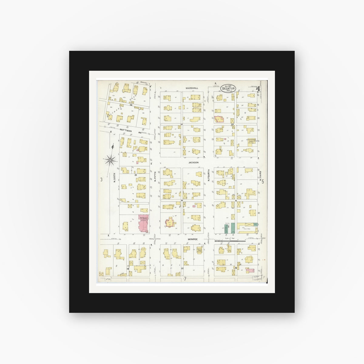 Old map wall art mockup — black gallery frame with white mat — Sanborn Fire Insurance Map from Decatur, Adams County, Indiana (1907), Sheet #0004