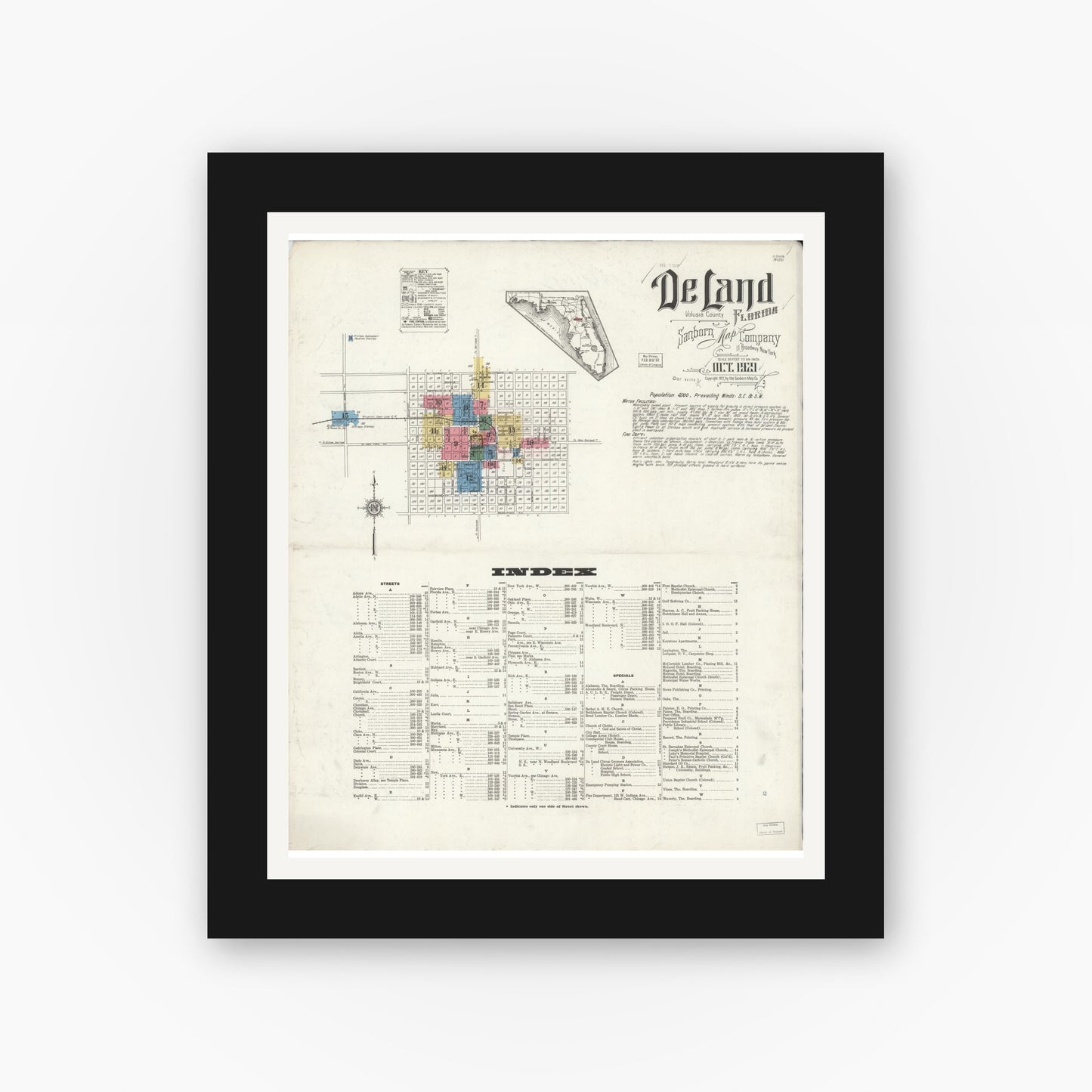 Old map wall art mockup — black gallery frame with white mat — Sanborn Fire Insurance Map from De Land, Volusia County, Florida (1921) - Complete Map Set