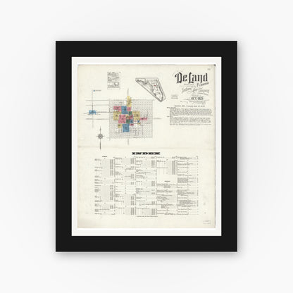 Old map wall art mockup — black gallery frame with white mat — Sanborn Fire Insurance Map from De Land, Volusia County, Florida (1921) - Complete Map Set