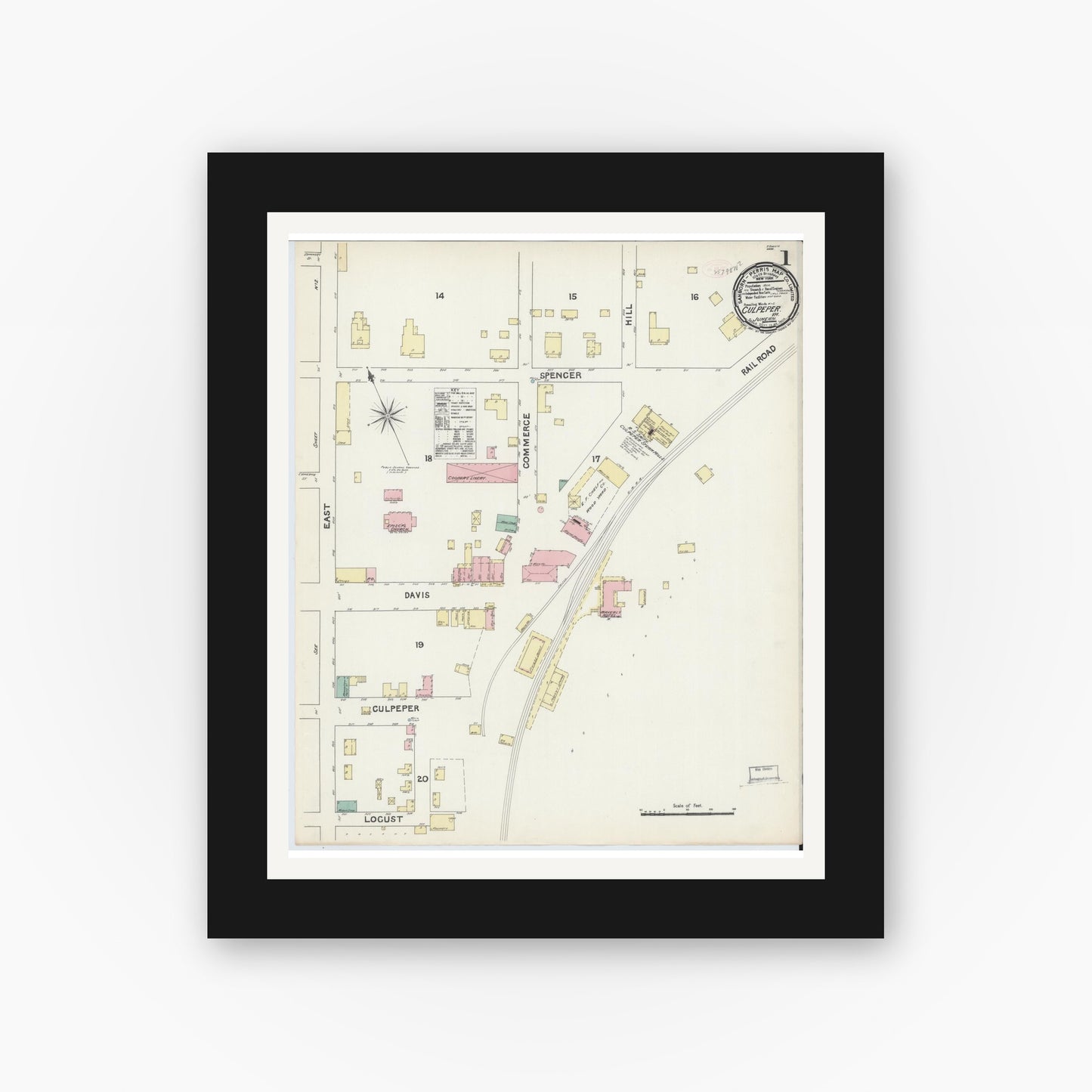 Old map wall art mockup — black gallery frame with white mat — Sanborn Fire Insurance Map from Culpeper, Culpeper County, Virginia (1891) - Complete Map Set
